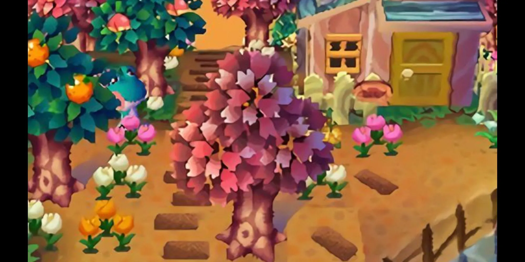Lily đi bộ giữa vườn tulip trong Animal Crossing: Wild World.