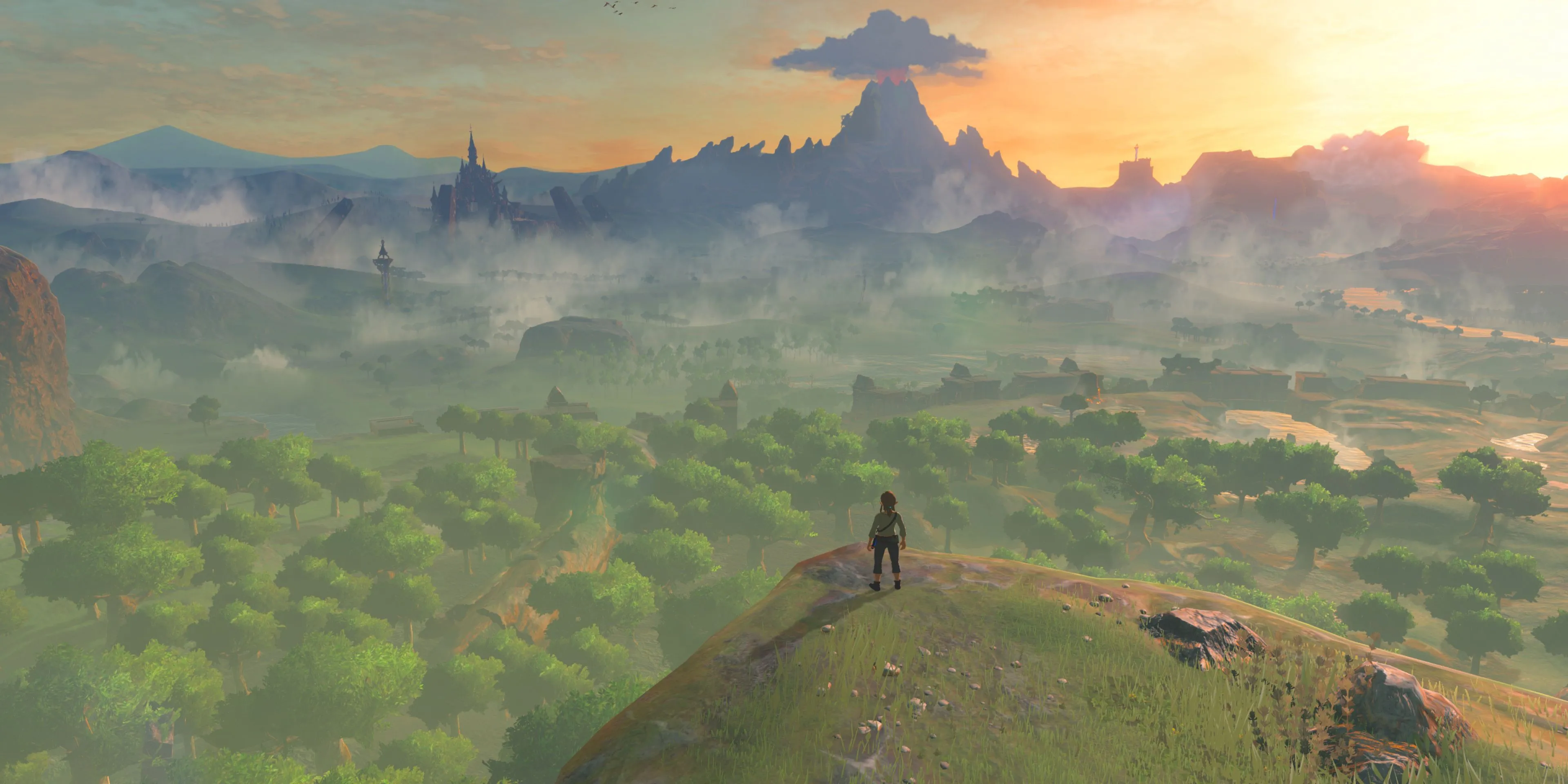 Link cưỡi ngựa phi nước đại qua một cánh đồng rộng lớn trong The Legend of Zelda Breath of the Wild