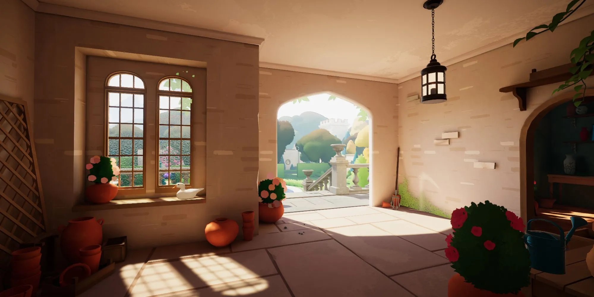Lối vào lớn của tòa nhà chính trong game giải đố thực vật Botany Manor
