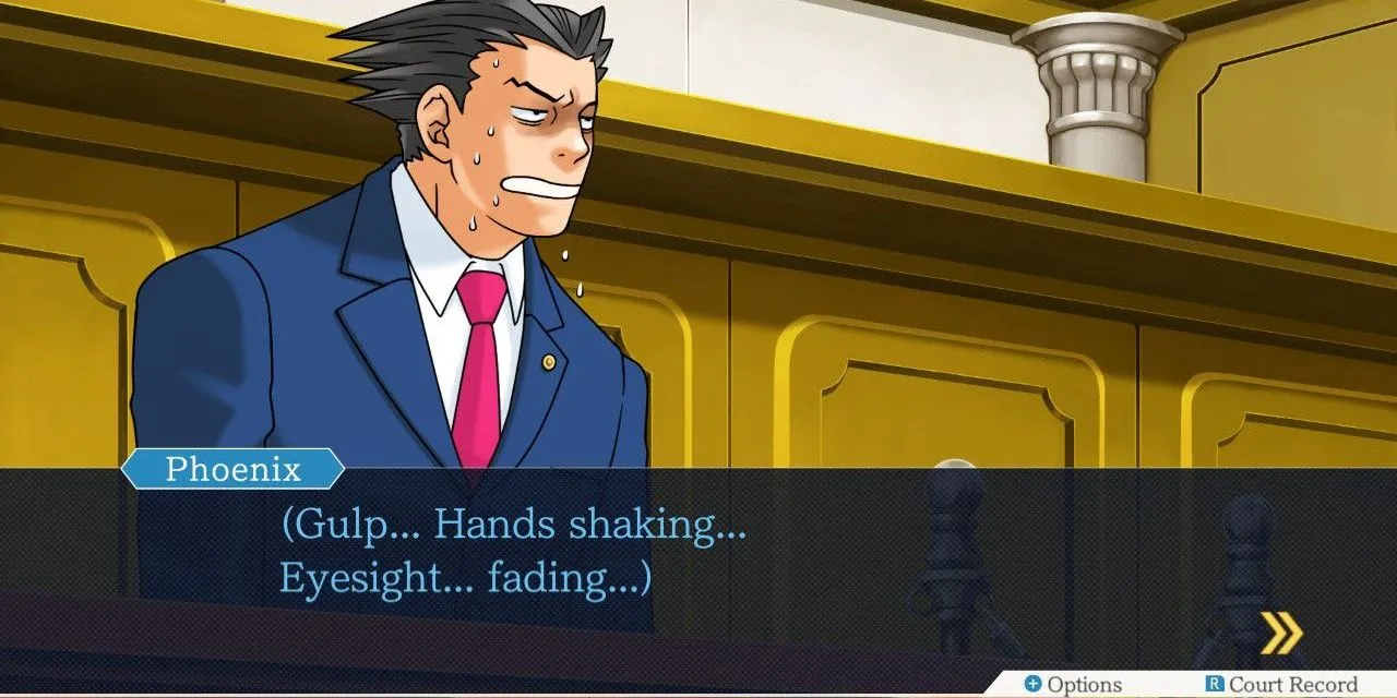 Luật sư Phoenix Wright tỏ ra lo lắng trong phiên tòa