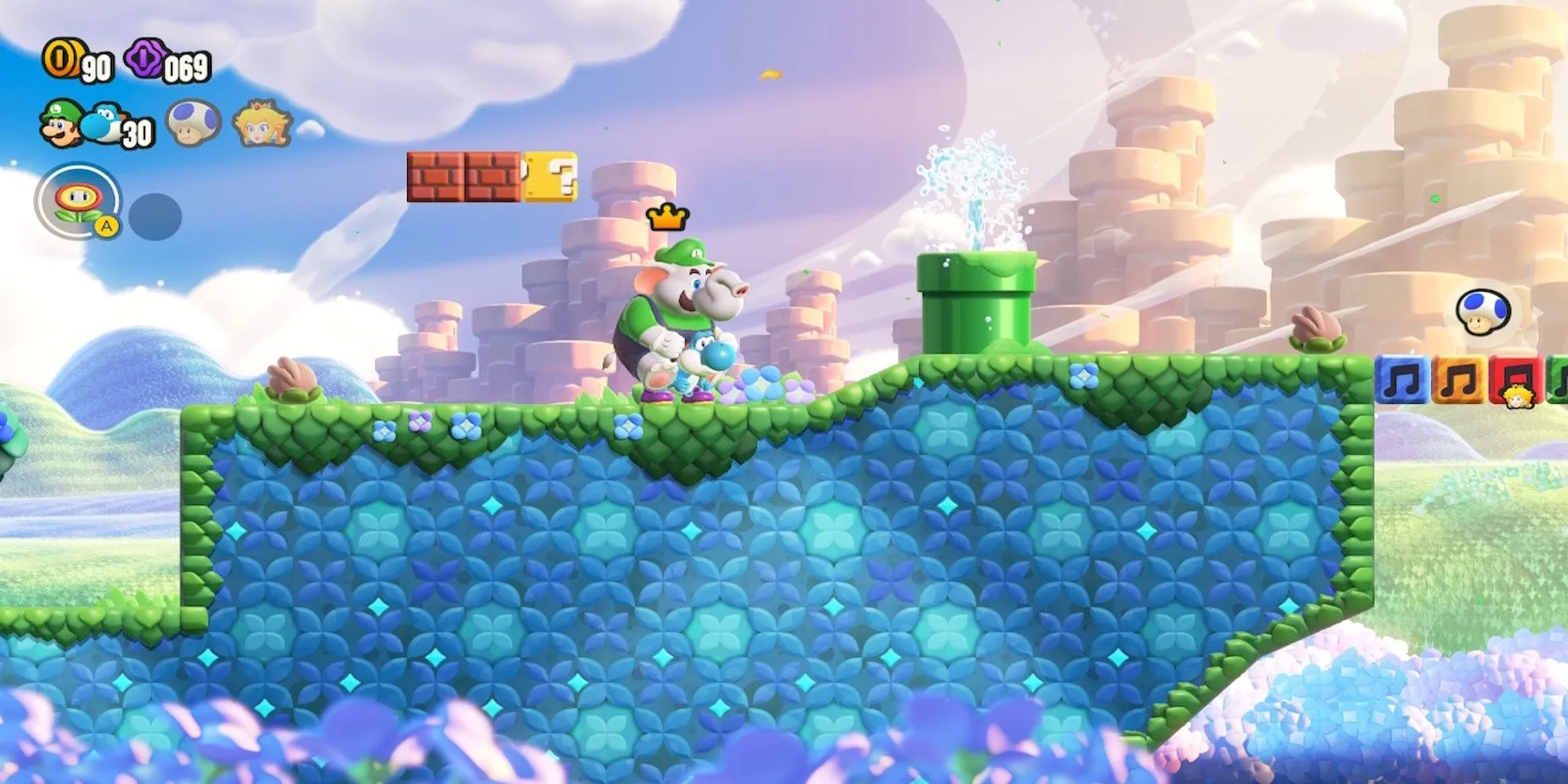 Luigi cưỡi Yoshi trong Super Mario Bros. Wonder với nền đồ họa đầy màu sắc.