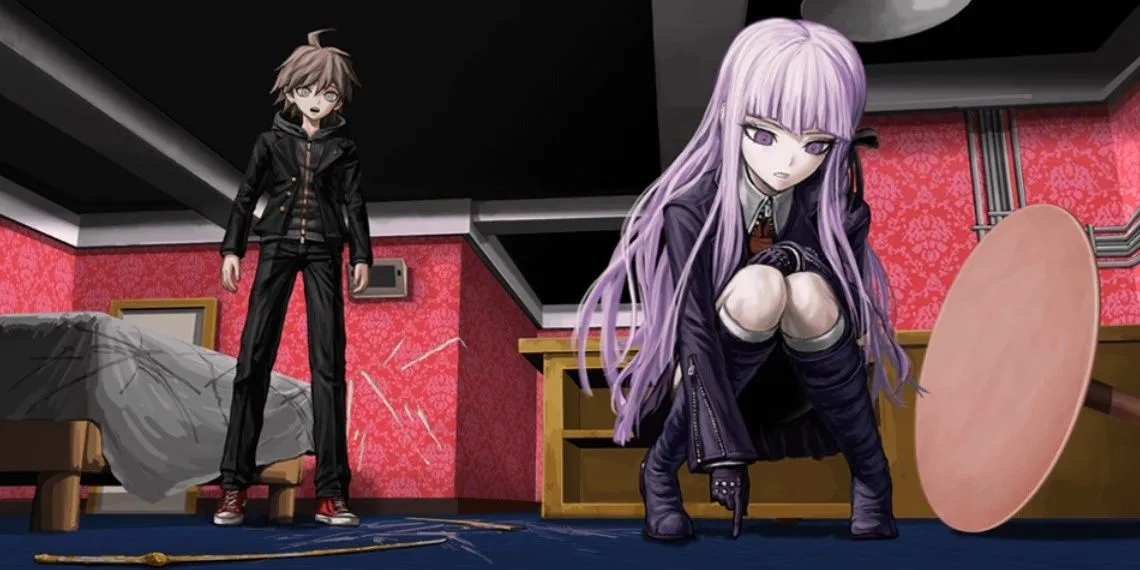 Makoto Naegi và Kyoko Kirigiri điều tra trong Danganronpa