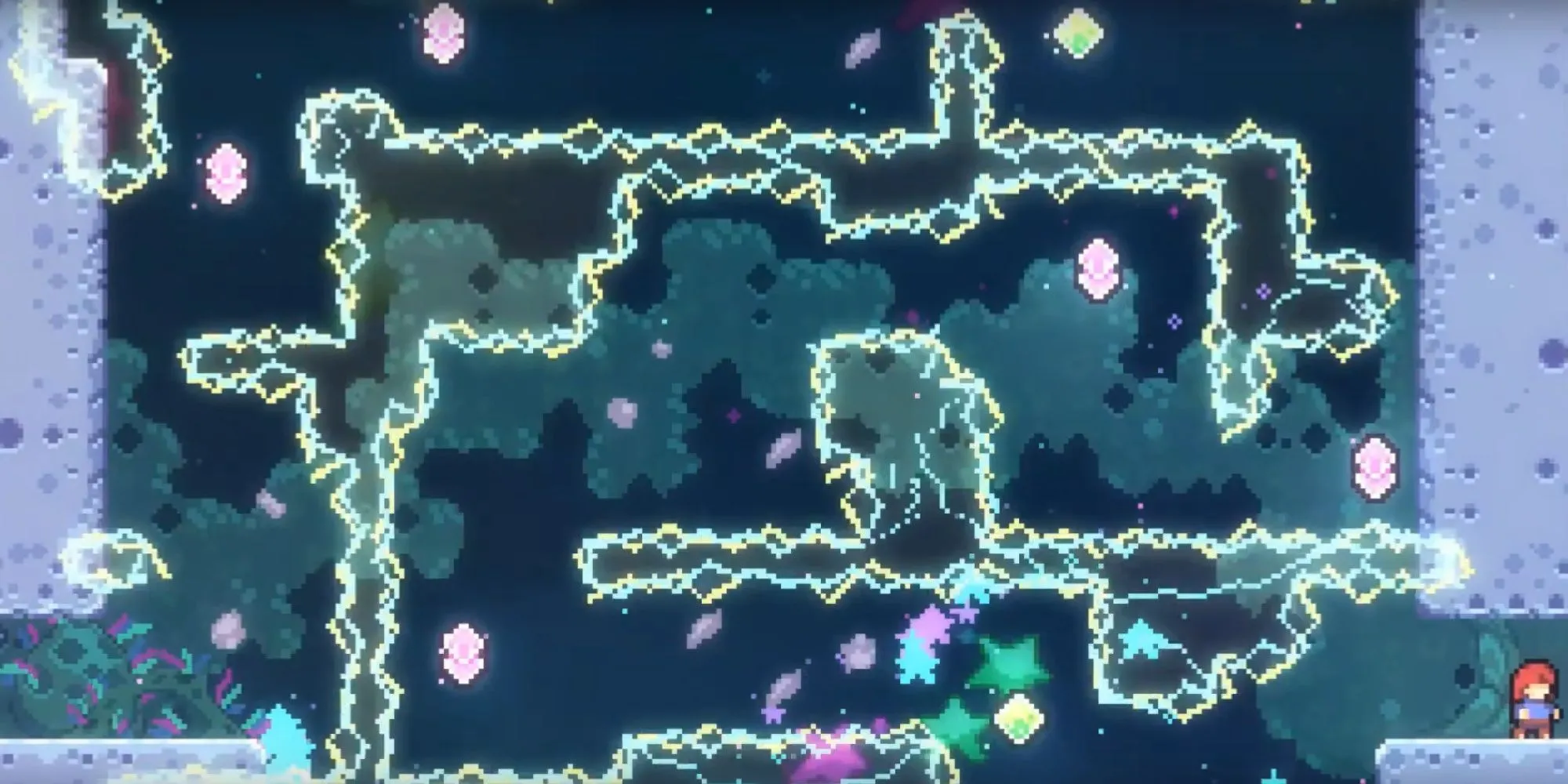 Màn chơi Farewell, màn chơi thử thách nhất trong game Celeste, với nhân vật Madeline đang di chuyển