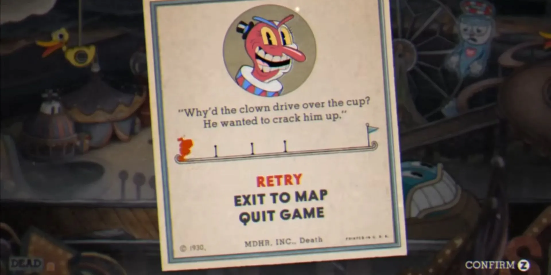 Màn hình game over của boss Beppi the Clown trong Cuphead với câu nói chế giễu