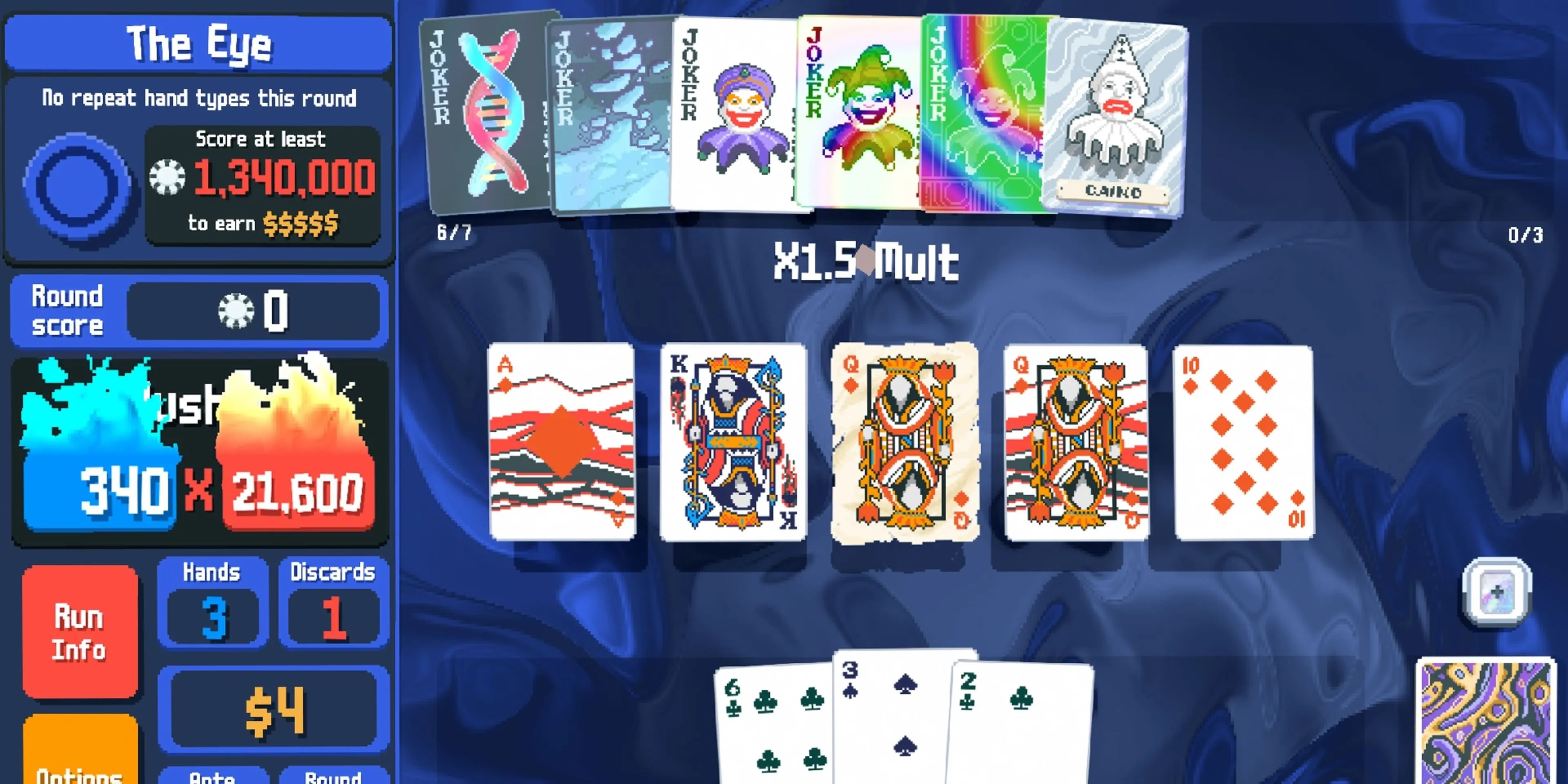 Màn hình gameplay của Balatro, một game bài chiến lược