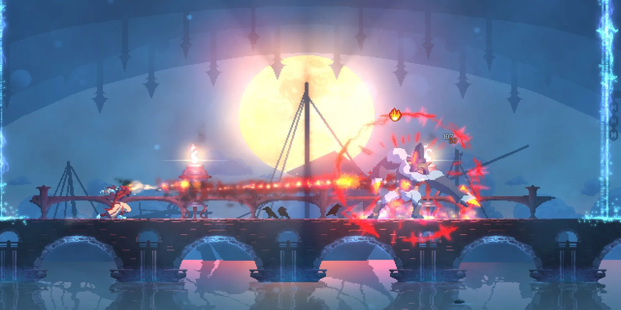 Màn hình gameplay Dead Cells thể hiện nhân vật chính đang chiến đấu với kẻ địch trong môi trường ngục tối