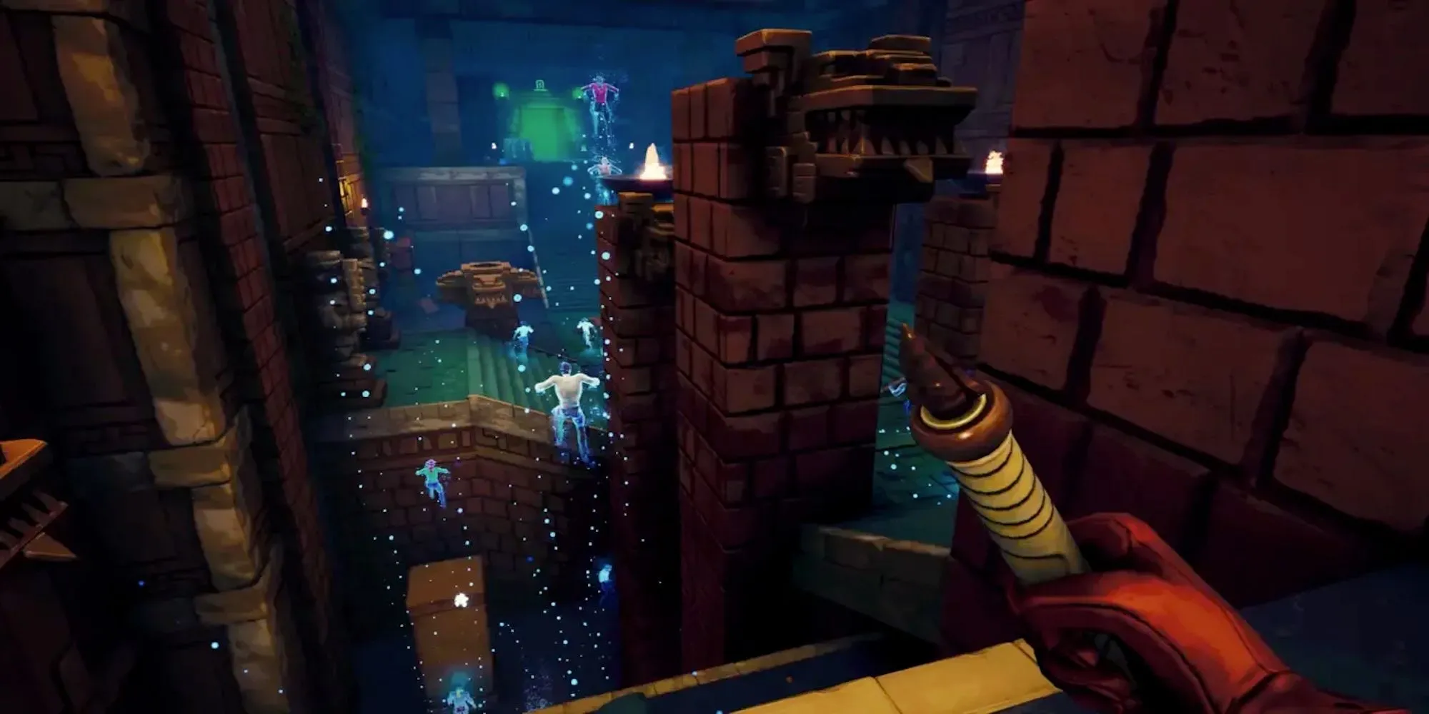 Màn hình gameplay Phantom Abyss góc nhìn thứ nhất thể hiện nhân vật đang chạy và đu dây qua một khu đền cổ đầy cạm bẫy
