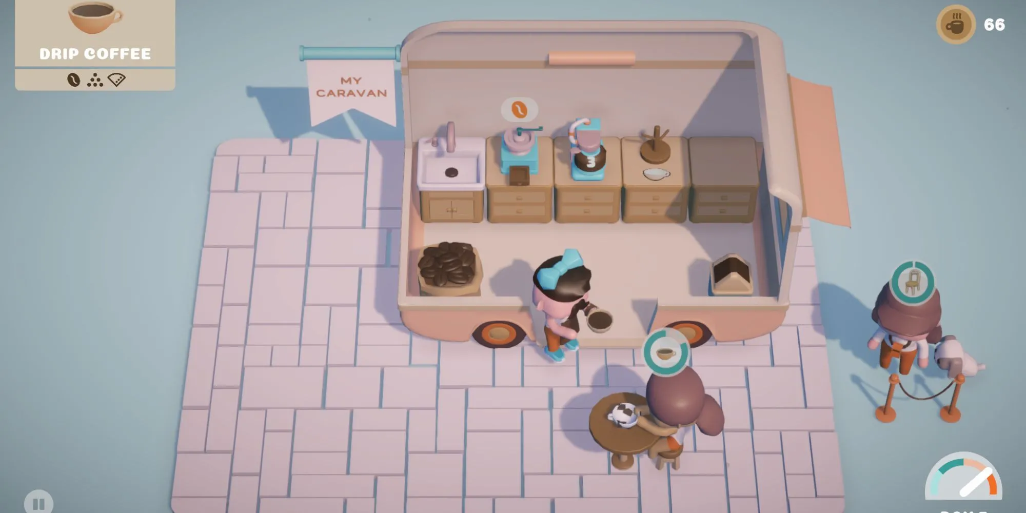Màn hình hiển thị góc nhìn từ trên xuống trong game mô phỏng quản lý hỗn loạn Coffee Caravan