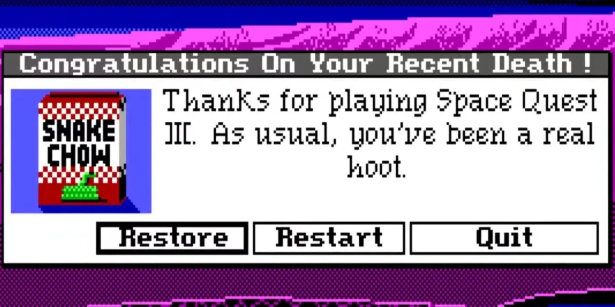 Màn hình tử vong trong Space Quest III với dòng chữ mỉa mai từ người dẫn truyện