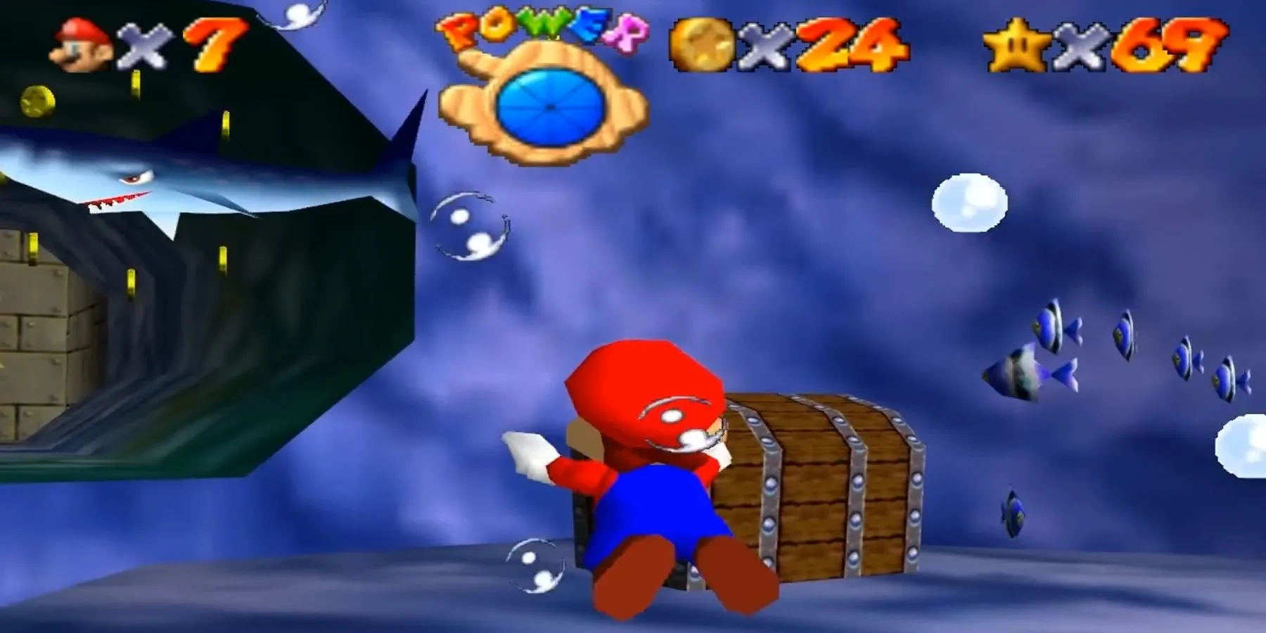 Mario bơi dưới nước trong màn Dire, Dire Docks của Super Mario 64