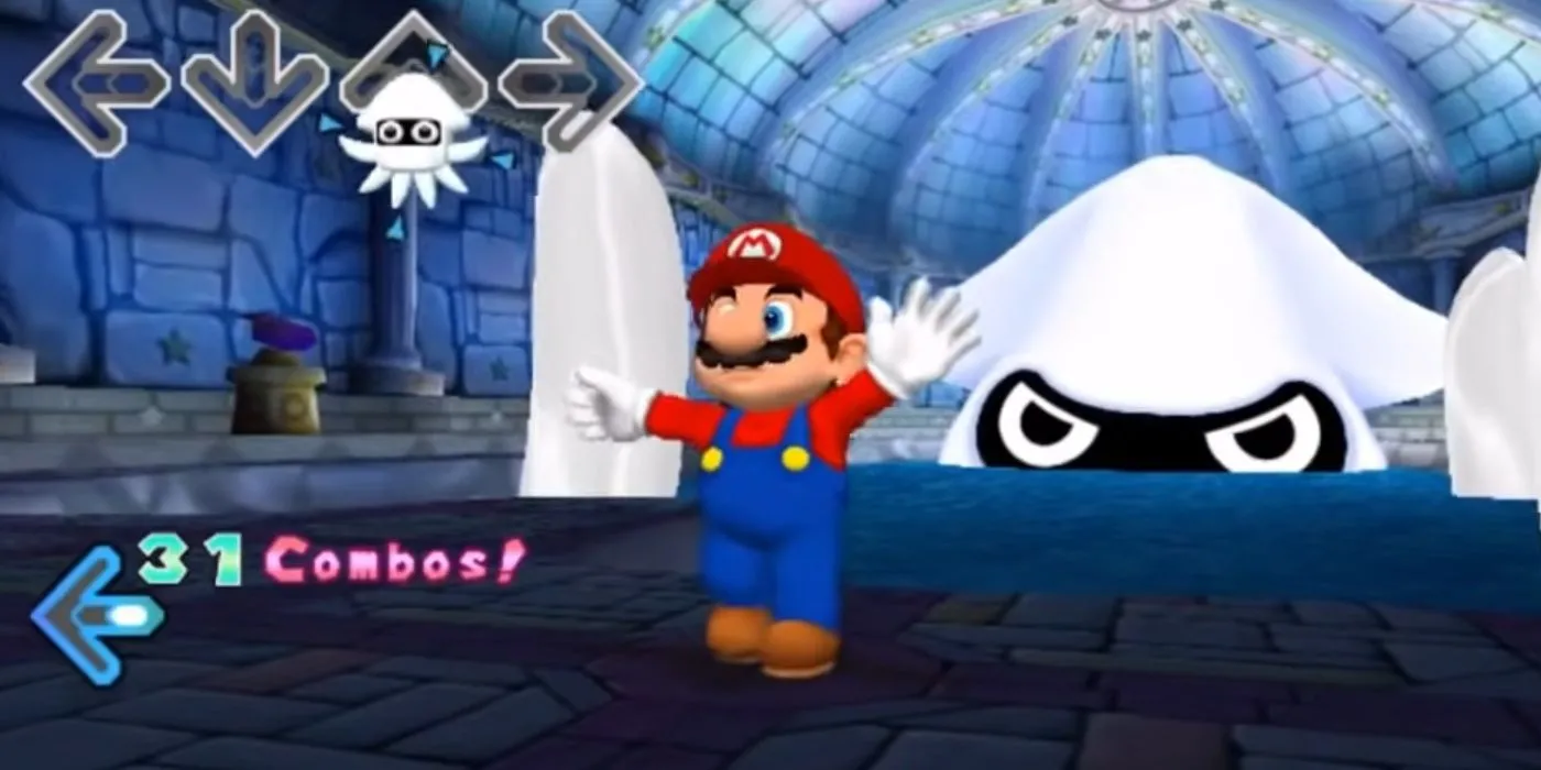 Mario nhảy múa trước Blooper khổng lồ trong game Dance Dance Revolution: Mario Mix