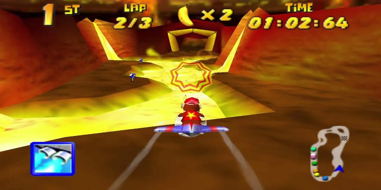 Máy bay của Diddy Kong Racing bay trên đường đua Hot Top Volcano