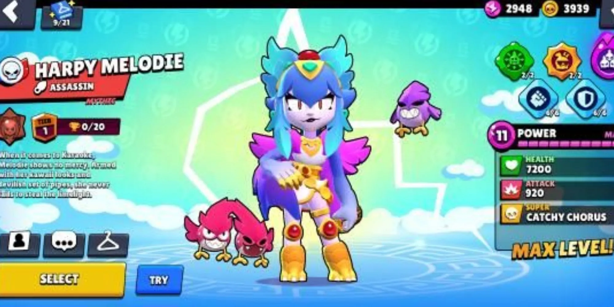 Melodie, brawler lớp sát thủ trong Brawl Stars, với các nốt nhạc ma thuật vây quanh