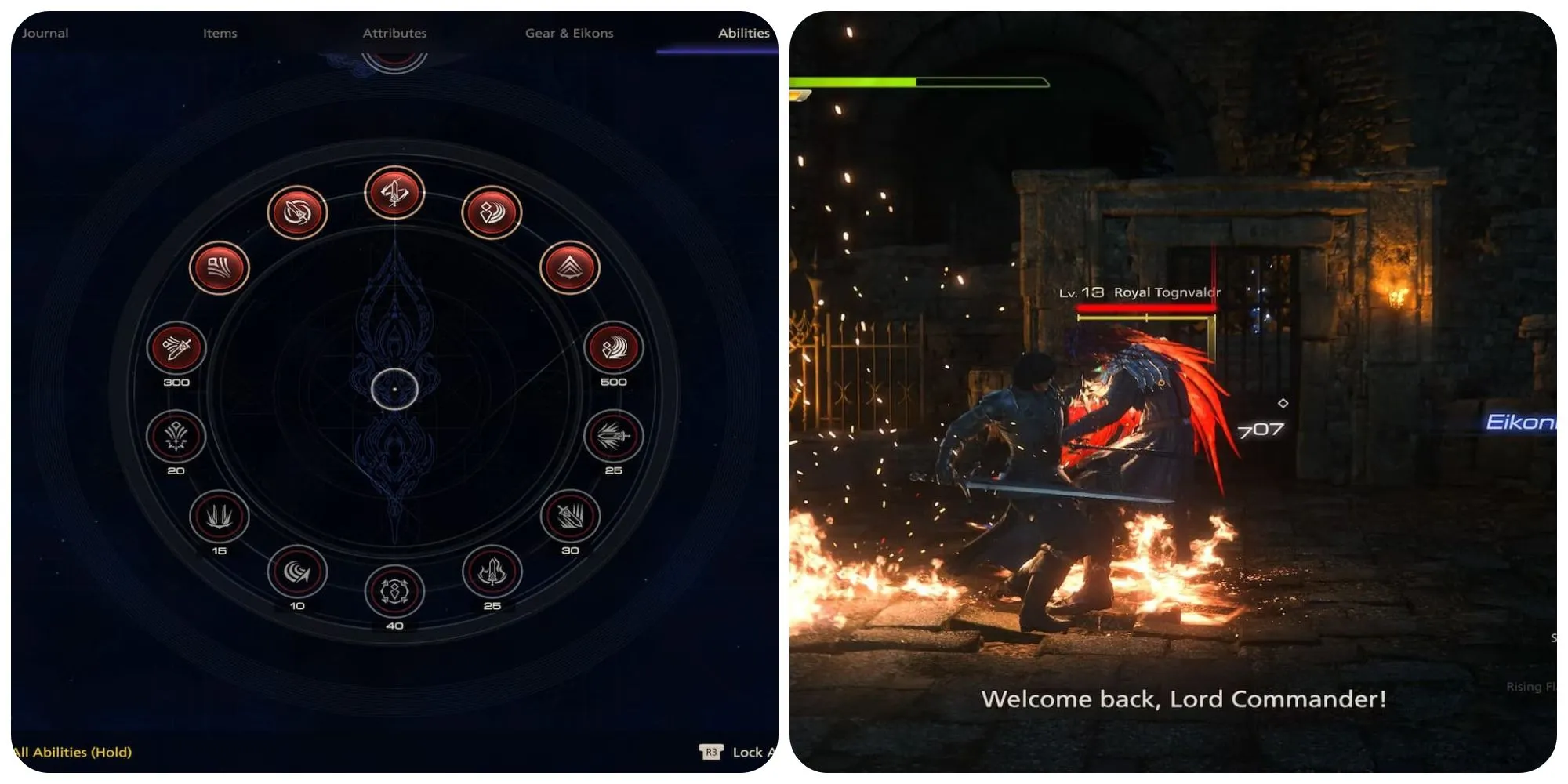 Menu cây kỹ năng và nhân vật Clive sử dụng khả năng Phoenix trong Final Fantasy 16