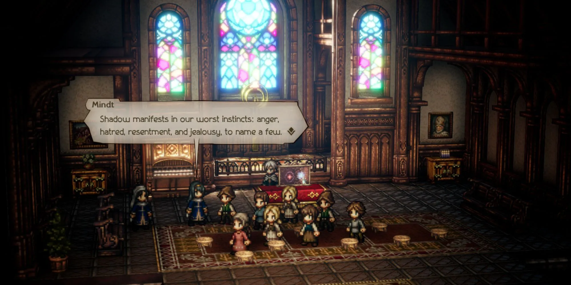 Mindt và Temenos, hai trong tám nhân vật với cốt truyện riêng biệt trong Octopath Traveler 2