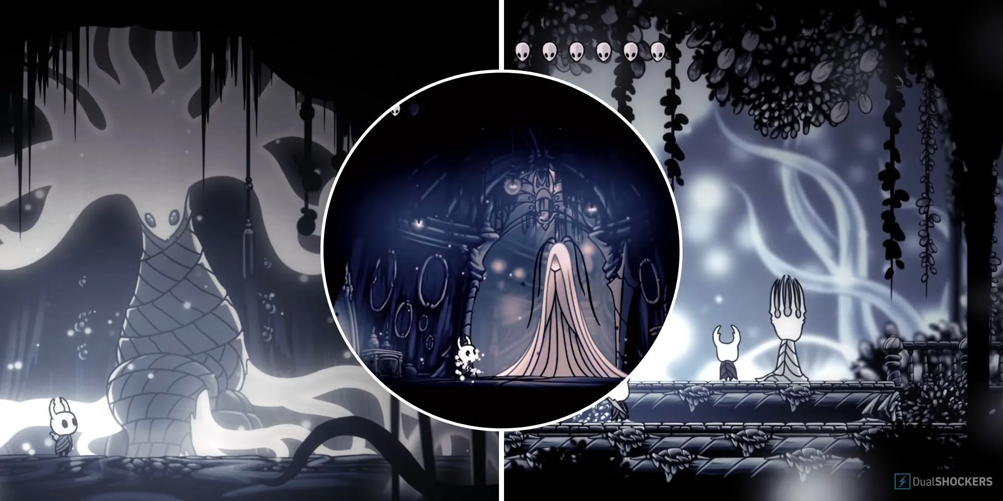 Minh họa các nhân vật quan trọng: White Lady, Grey Mourner và Pale King trong thế giới Hollow Knight