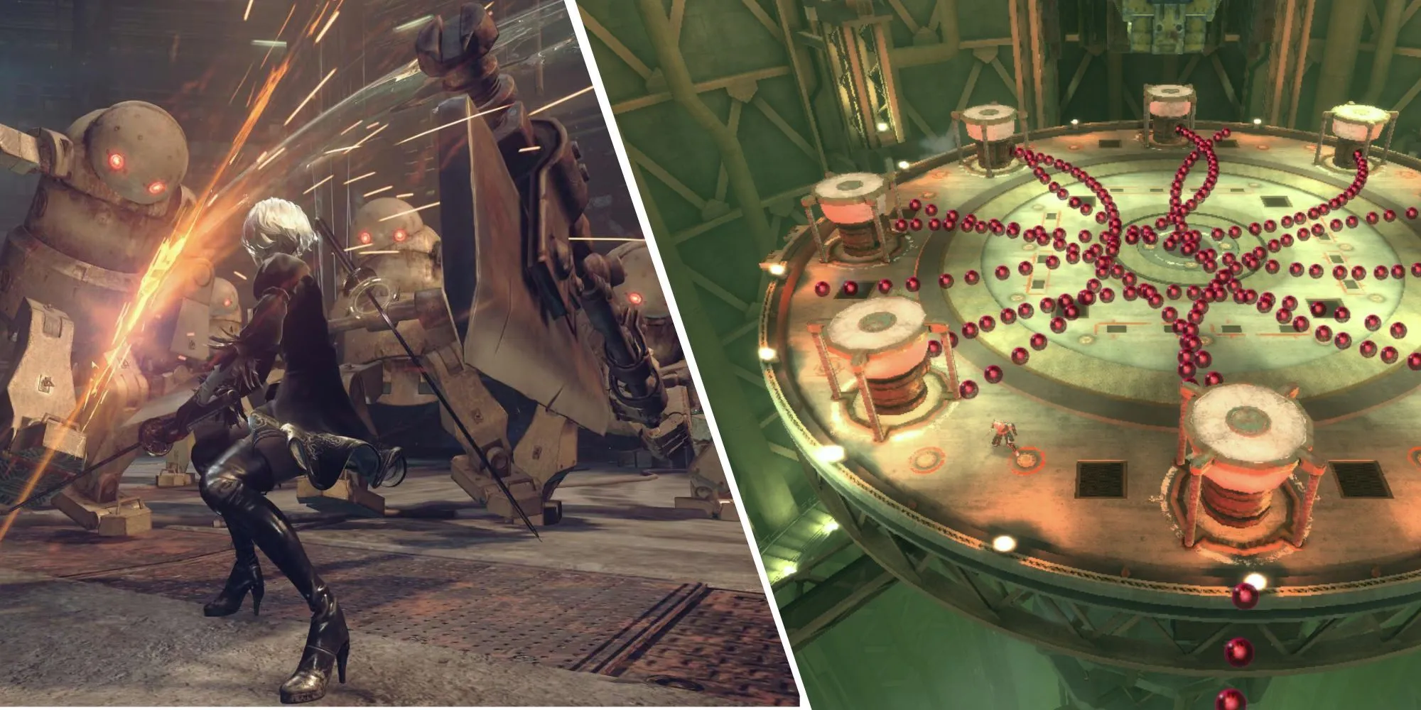 Minh họa sự đa dạng thể loại gameplay trong series NieR, từ chặt chém đến bullet hell.
