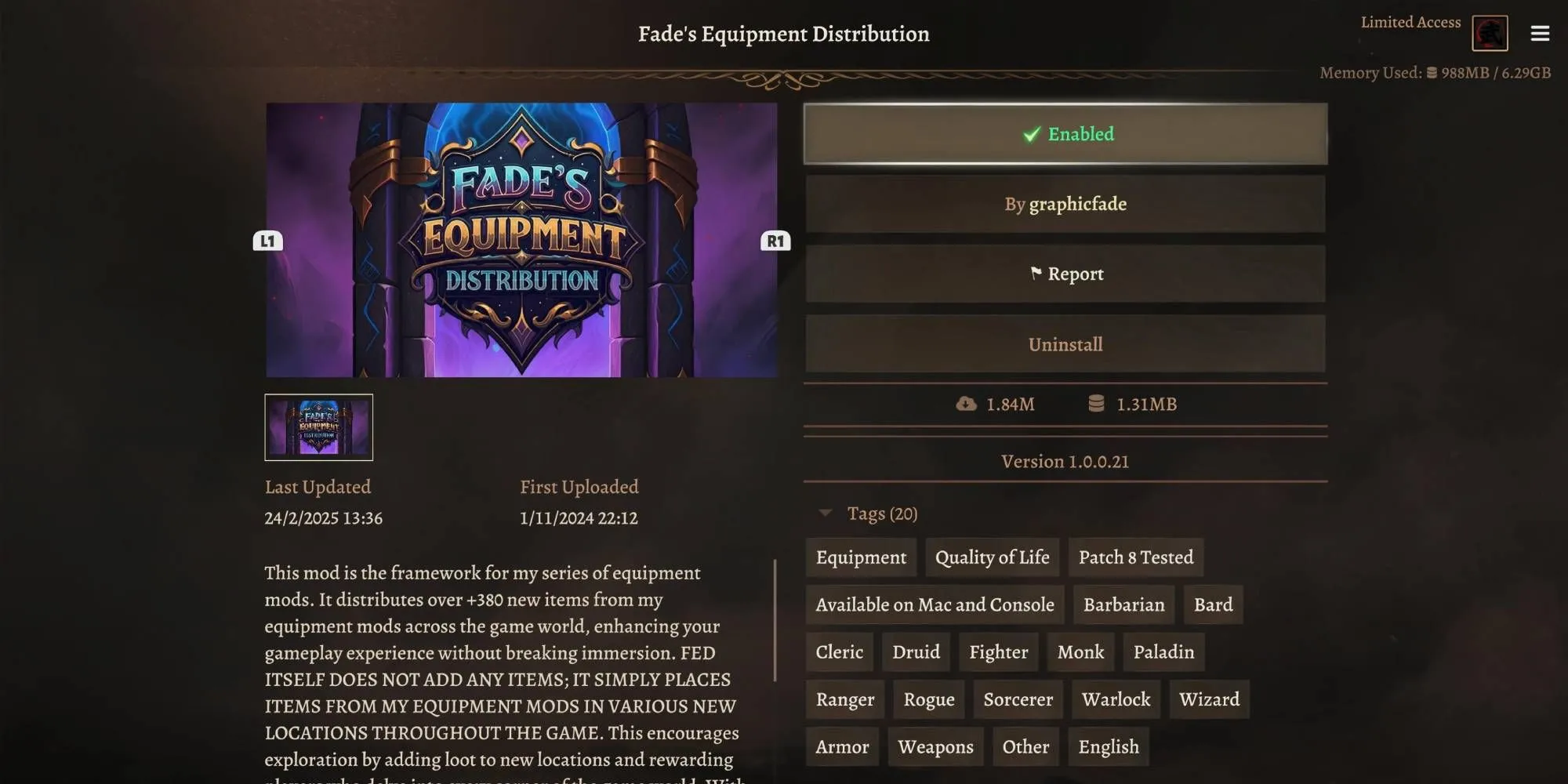 Mod Fade's Equipment cung cấp trang bị mạnh mẽ cho các class trong Baldur's Gate 3