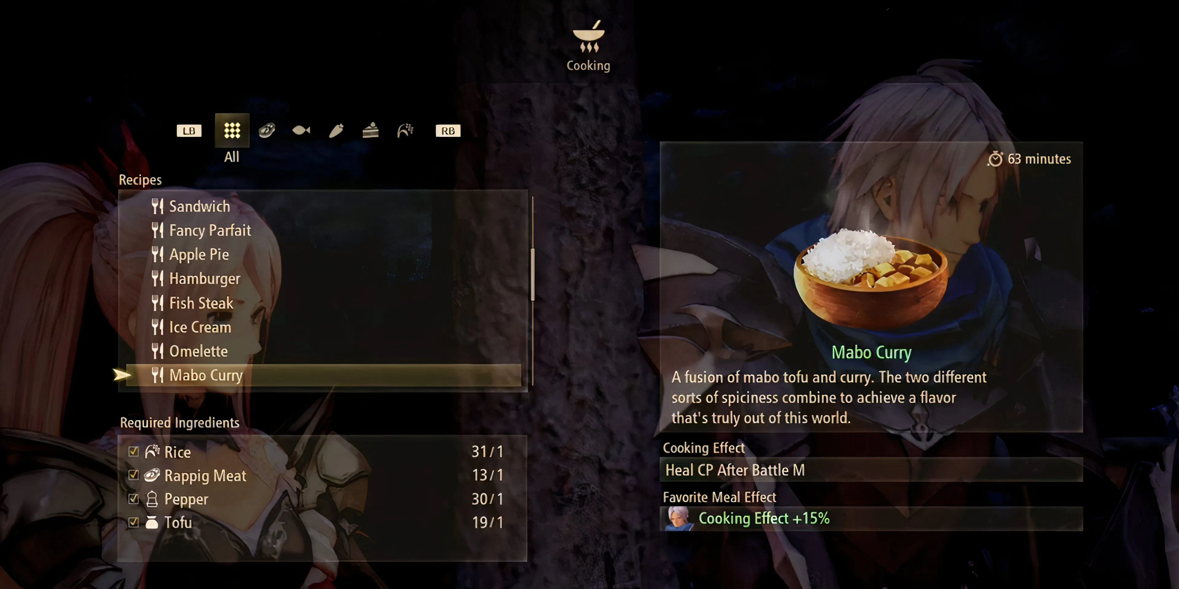 Món cà ri Mabo trông hấp dẫn trong danh sách công thức nấu ăn của Tales of Arise
