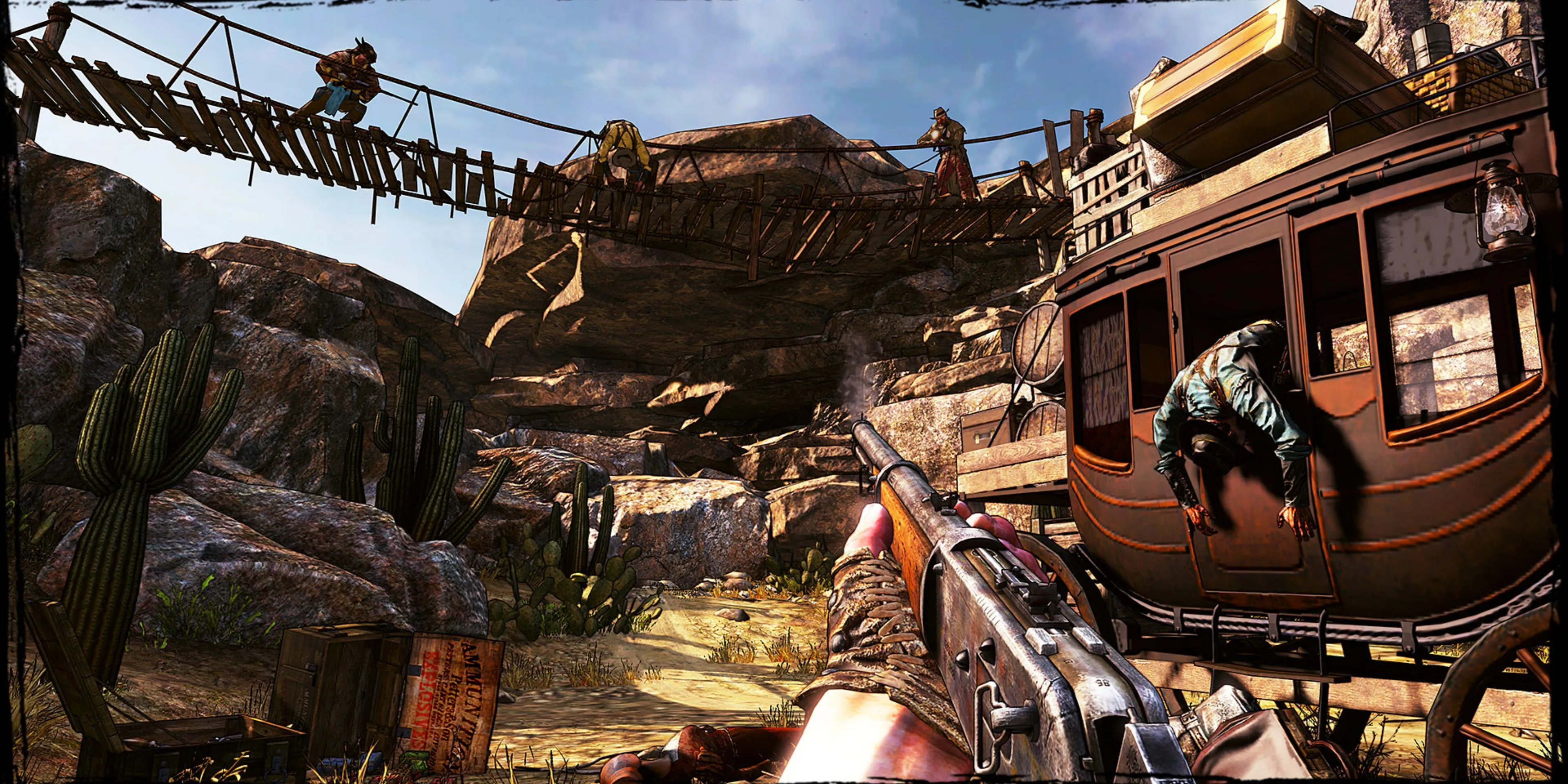 Một cảnh bắn súng góc nhìn thứ nhất trong game Call of Juarez Gunslinger