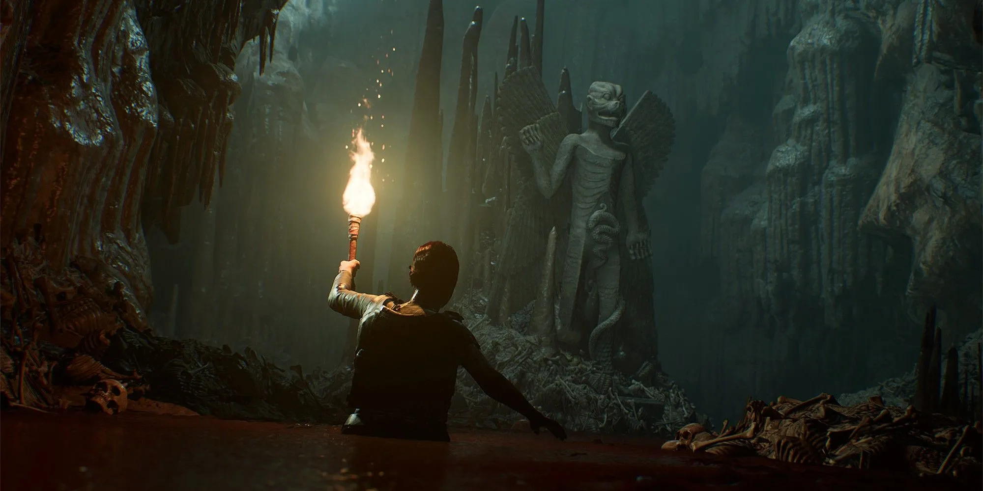 Một cảnh trong The Dark Pictures Anthology: House of Ashes với nhân vật khám phá hầm mộ cổ