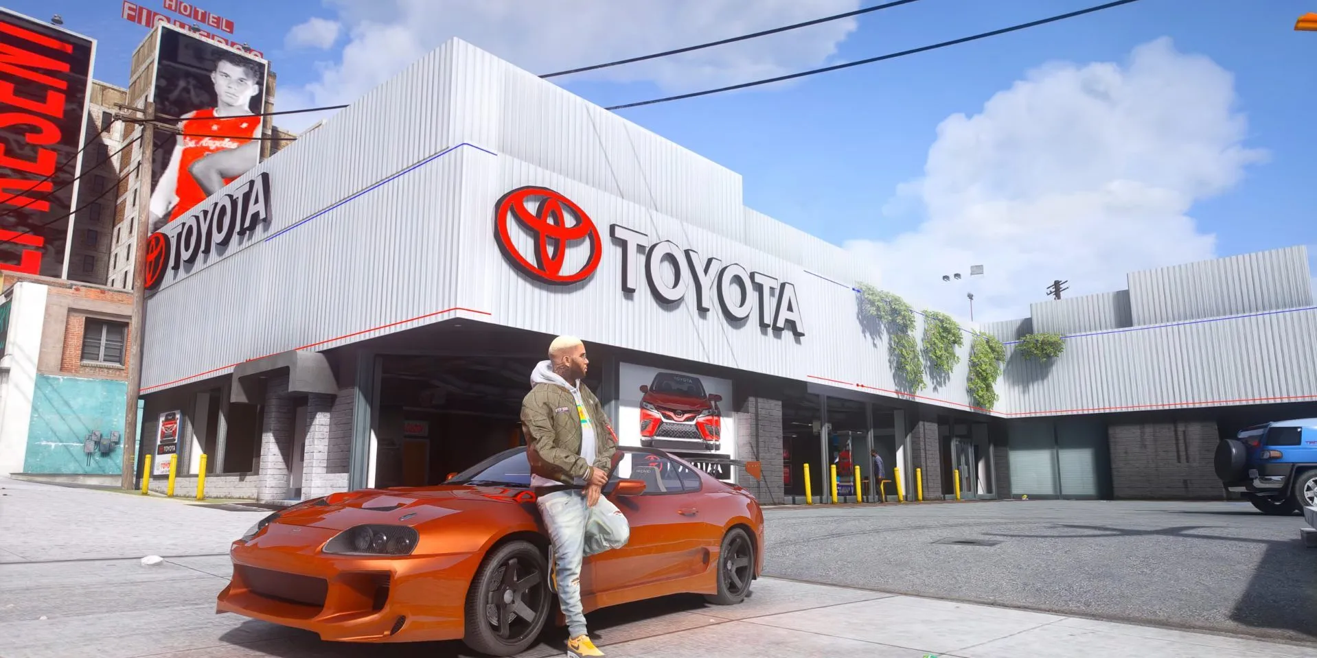 Một chiếc xe cổ điển màu xanh ngọc trên đường phố đông đúc trong GTA V với hiệu ứng mod