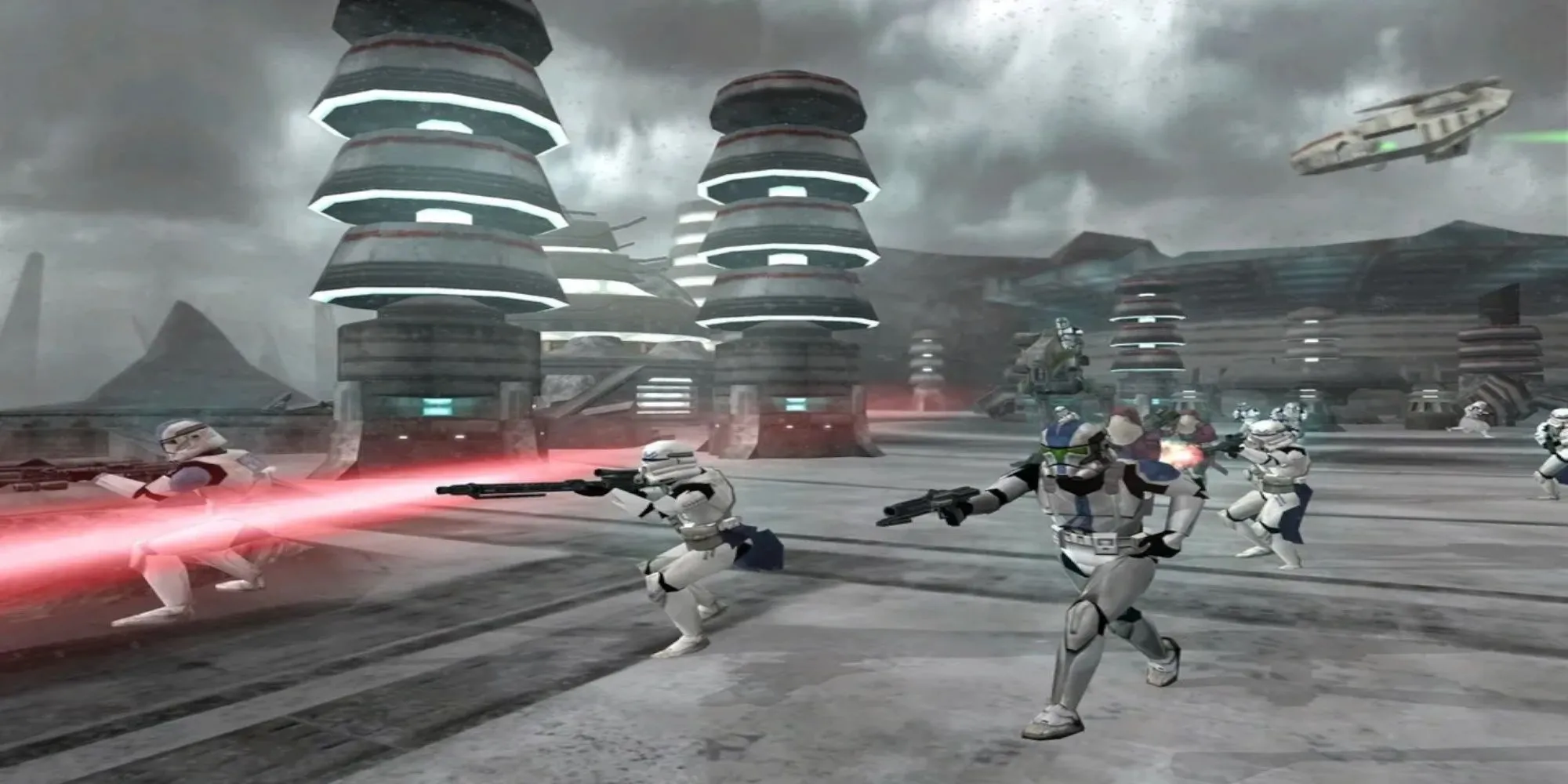 Một Clone Trooper thuộc Cộng hòa đang chiến đấu trong trận chiến trên một hành tinh ngoài không gian, từ game bắn súng góc nhìn thứ nhất Star Wars Battlefront 2 (2005) trên PS2