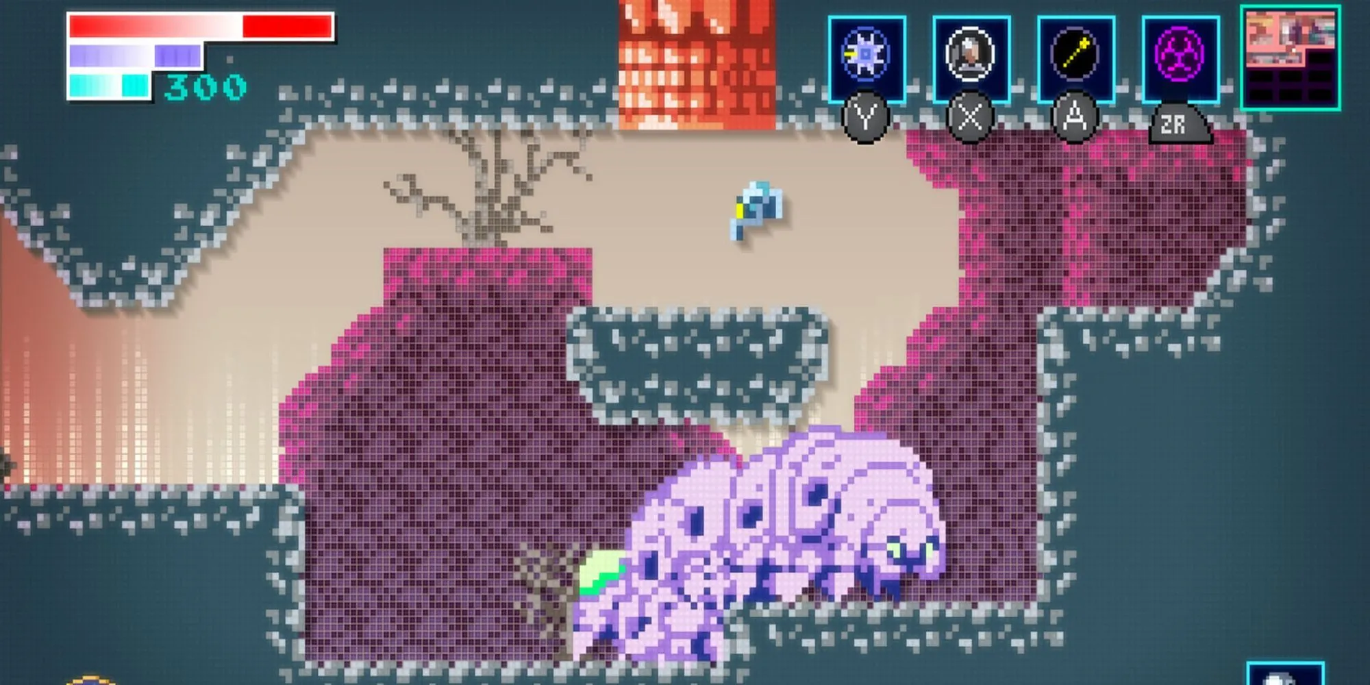 Một con bọ máy trông kỳ dị trong môi trường khoa học viễn tưởng của Axiom Verge 2