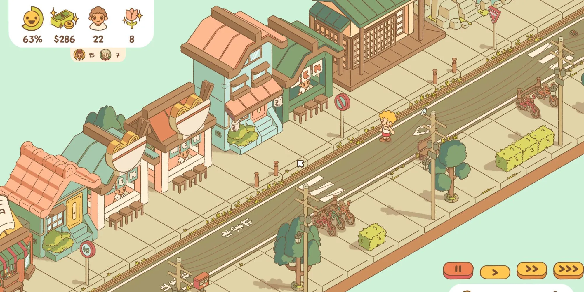 Một con phố nhỏ với các cửa hàng và nhà cửa trong game mô phỏng quản lý phố Minami Lane