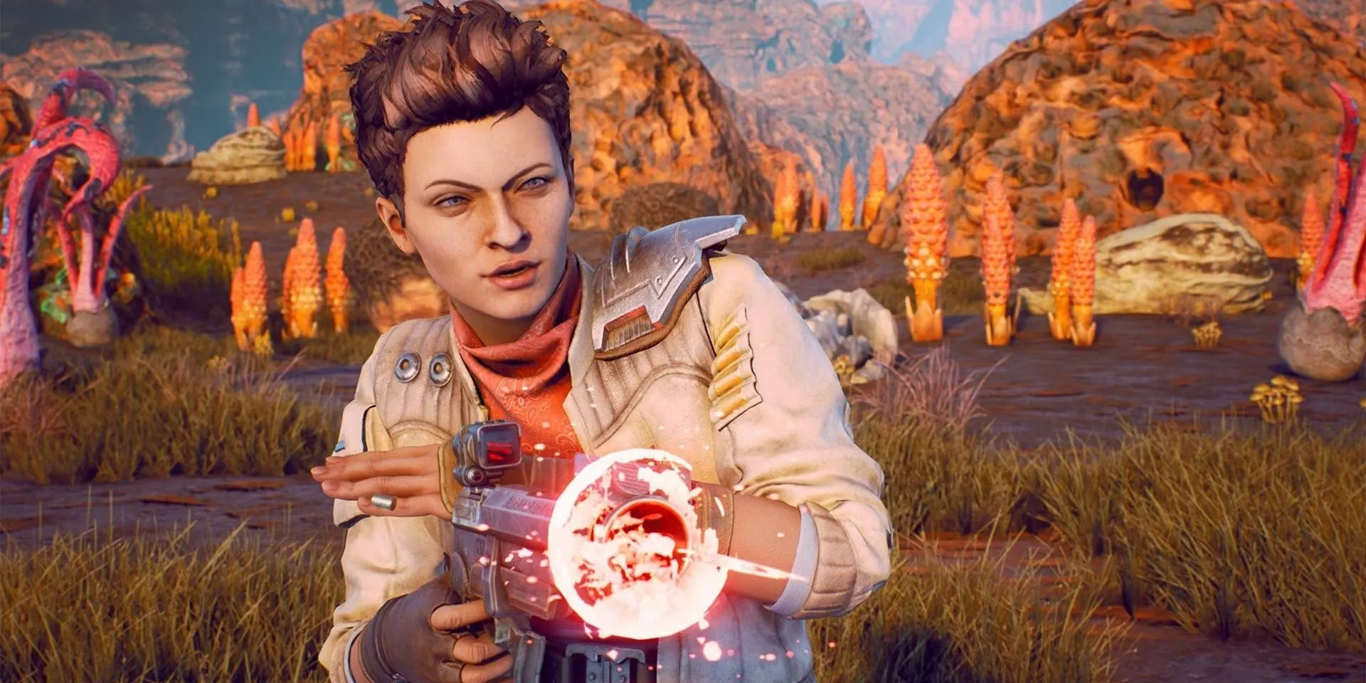 Một hình ảnh từ game The Outer Worlds, nhân vật đứng giữa một khu định cư ngoài hành tinh