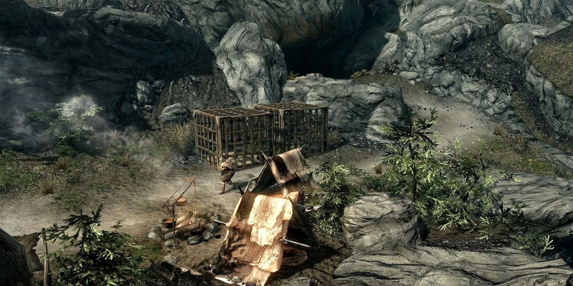 Một kẻ buôn Skooma trong Skyrim, tượng trưng cho các cách kiếm sống phi pháp hoặc khác lạ khi chơi thử thách không tiền
