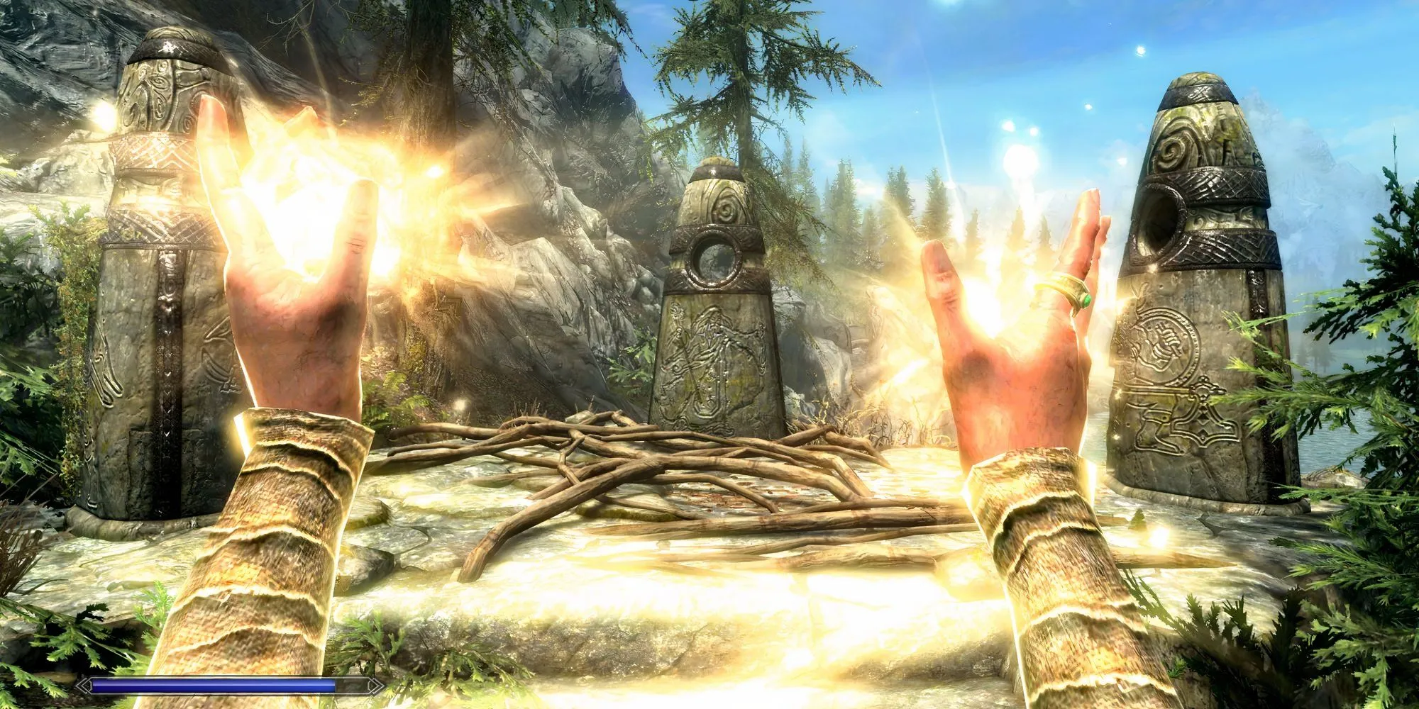 Một nhân vật sử dụng phép hồi máu trong Skyrim, thể hiện lối chơi hiền nhân