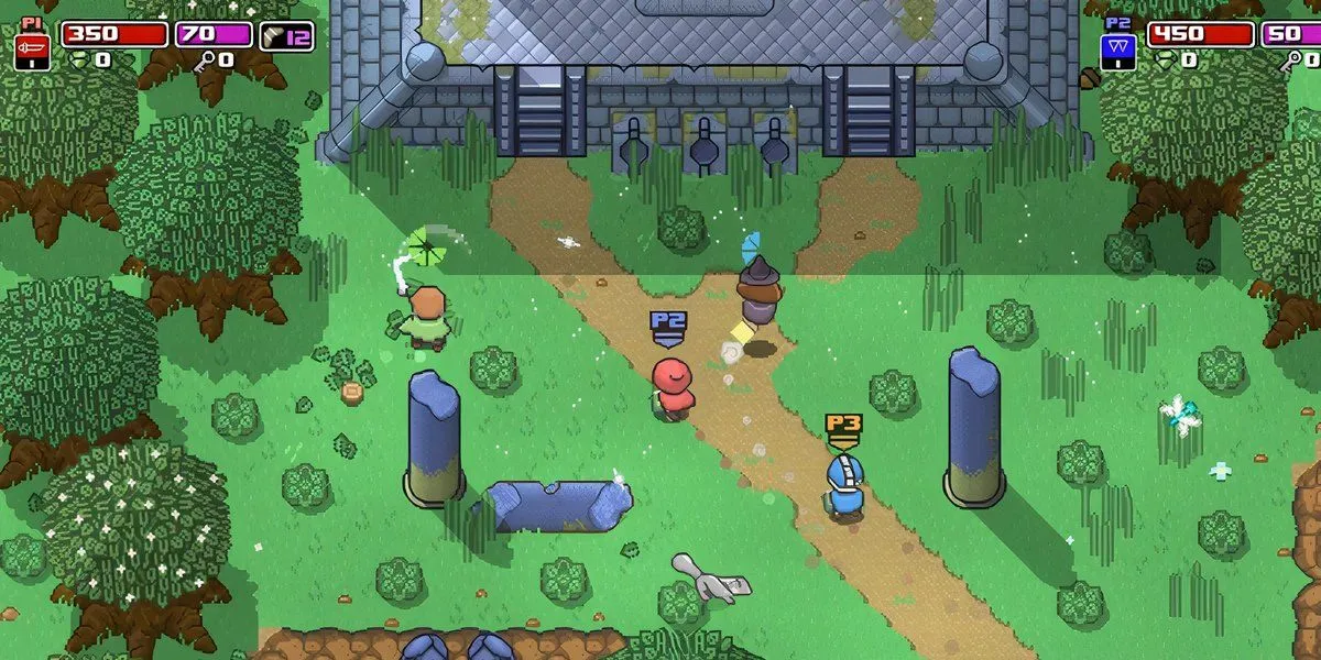 Một nhóm nhân vật pixel chiến đấu với quái vật trong hầm ngục ở Rogue Heroes: Ruins of Tasos