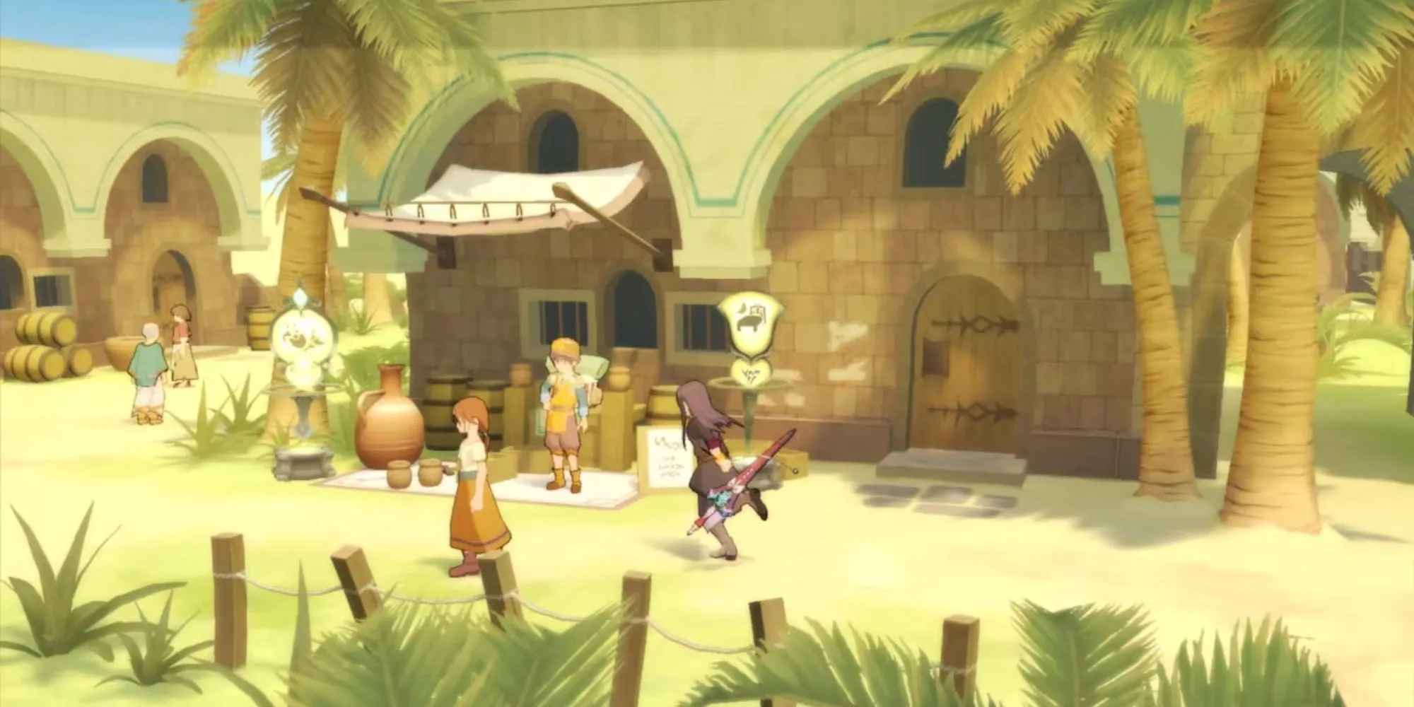 Một nhóm nhân vật trong Tales of Vesperia đứng trong khung cảnh thành phố