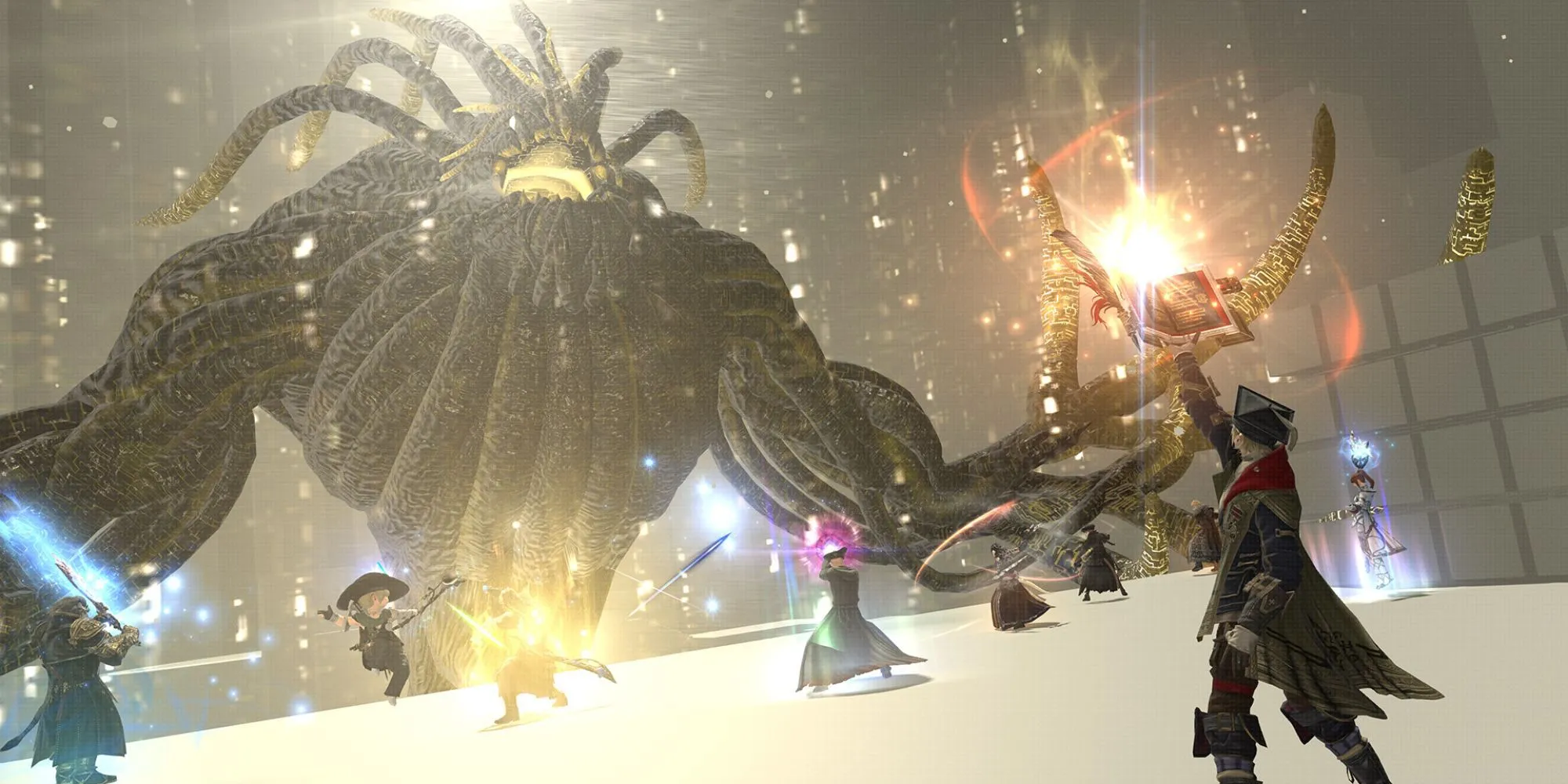 Một nhóm Raid đông đảo trong Final Fantasy XIV đối đầu với Boss Nier