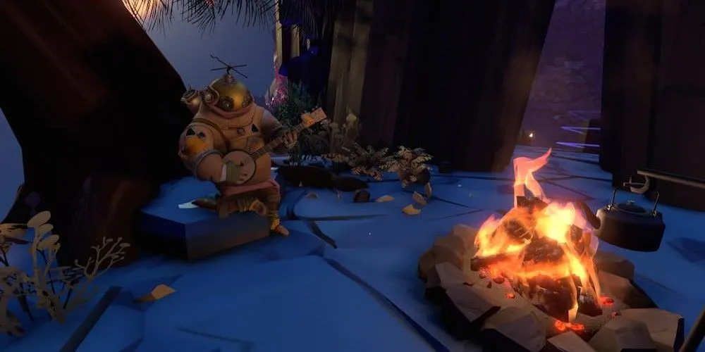 Một robot đang chơi nhạc bên đống lửa trại trong môi trường kỳ lạ của Outer Wilds.
