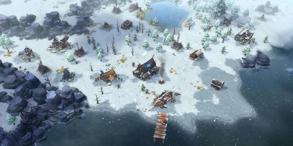Mùa đông khắc nghiệt trong một khu định cư nhỏ ở game chiến thuật Northgard Viking
