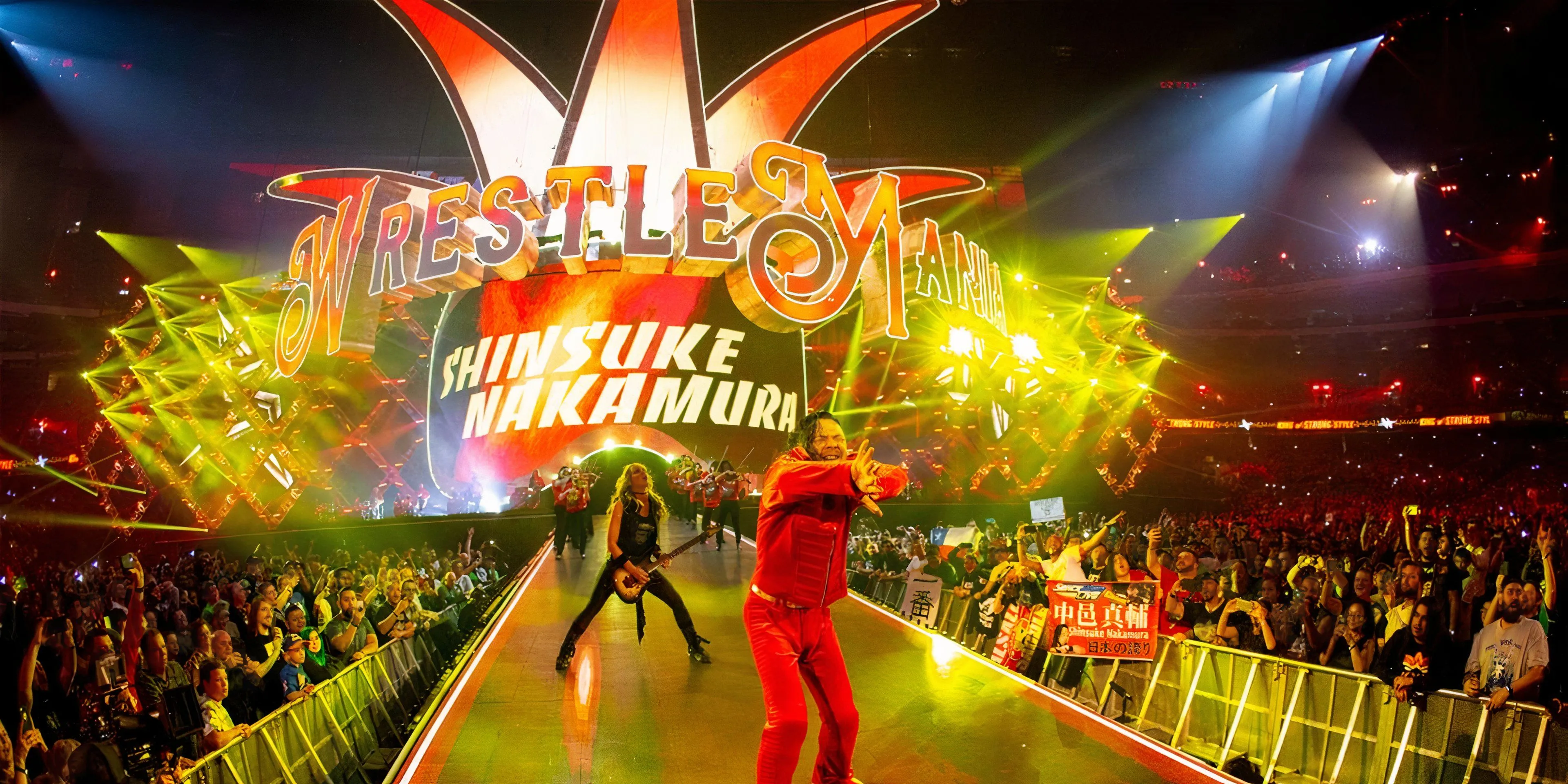 Nakamura bước ra sân khấu WrestleMania 34 với màn biểu diễn guitar điện