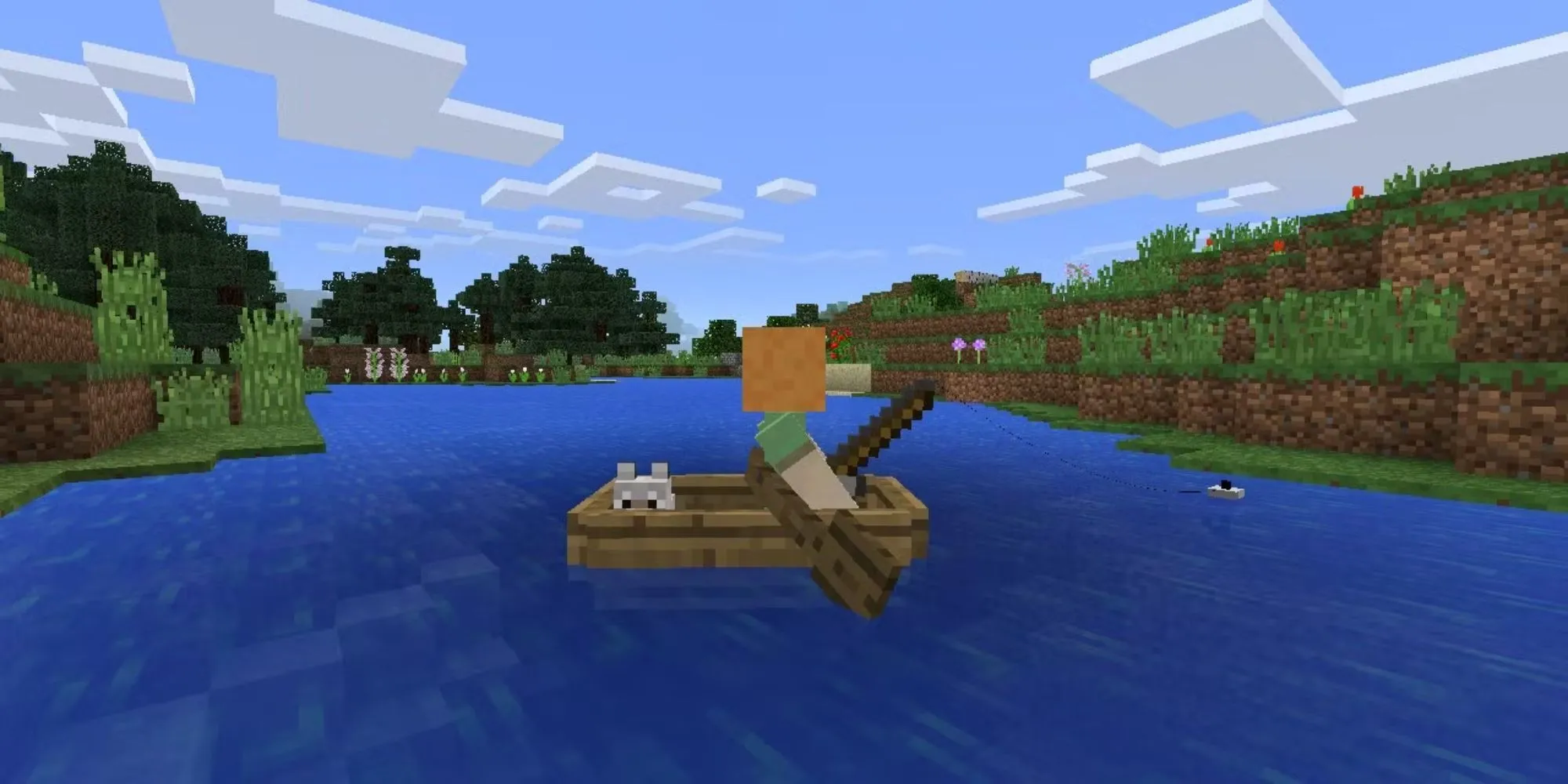 Người chơi Minecraft trên thuyền cùng chó, khám phá thế giới game