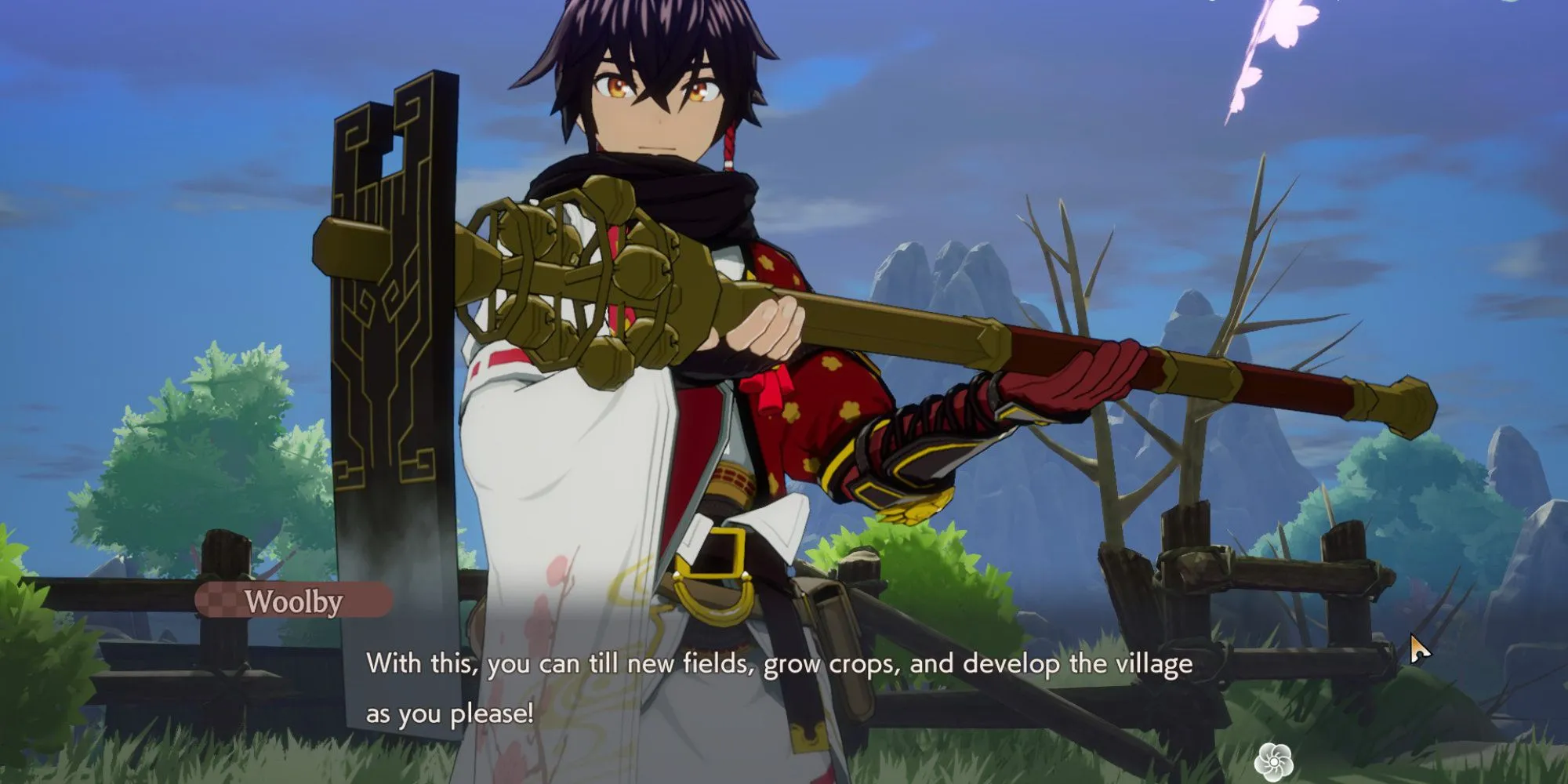 Người chơi nhận Cuốc Đất Thiêng (Terra Tiller) từ Woolby trong Rune Factory: Guardians of Azuma