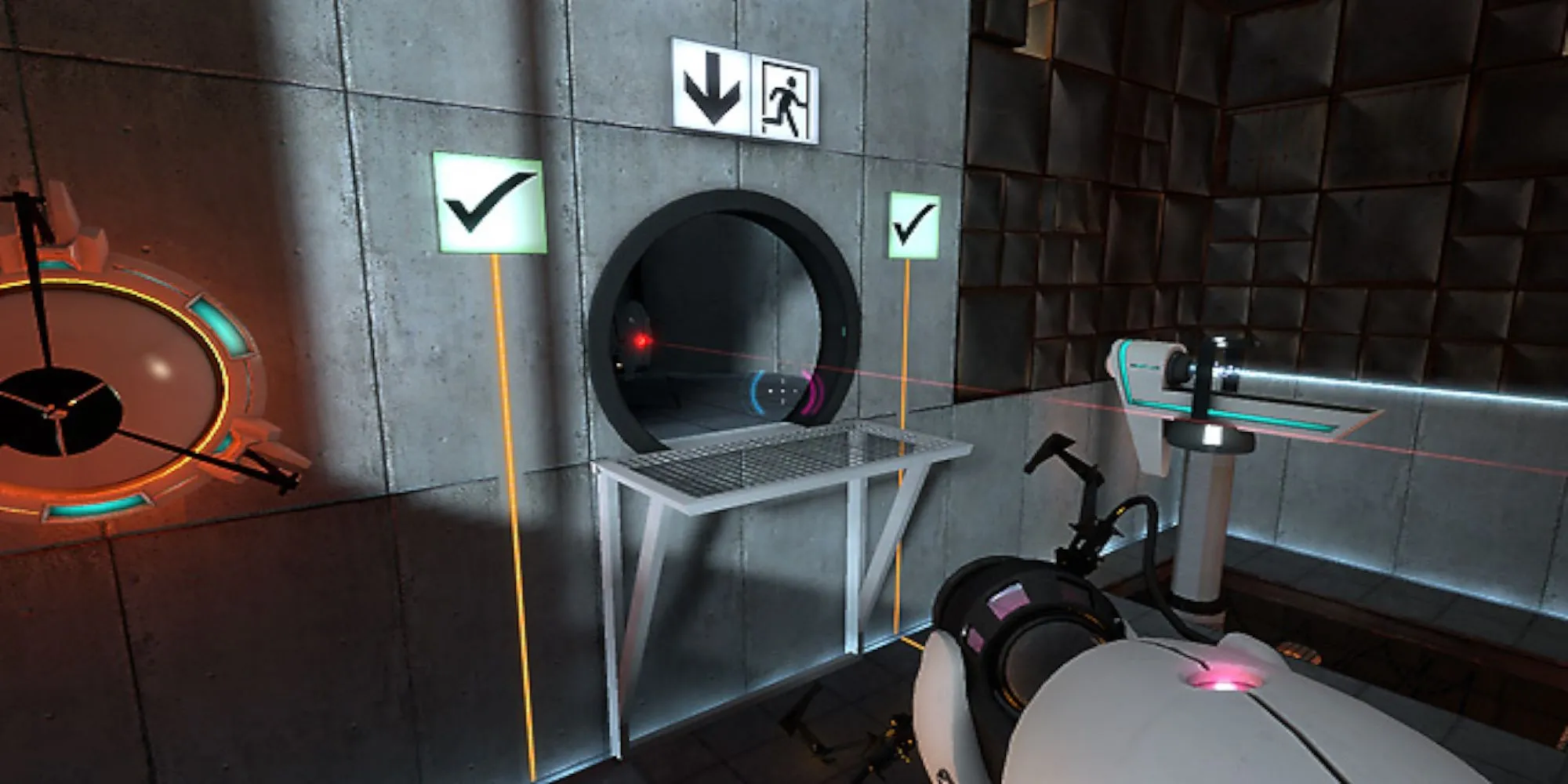Người chơi sử dụng khẩu súng Portal tạo cổng dịch chuyển trong game giải đố FPS kinh điển Portal của Valve.