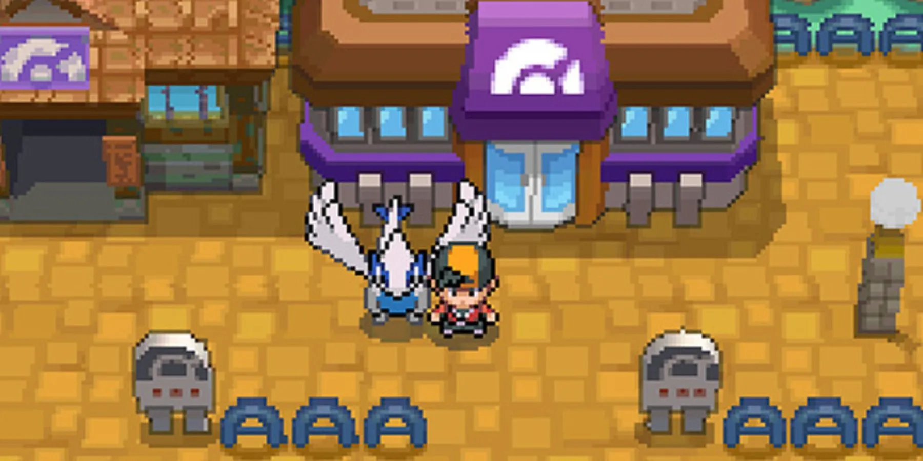 Người chơi sử dụng tính năng cho Pokémon đi theo với Lugia trong Pokemon HeartGold hoặc SoulSilver.