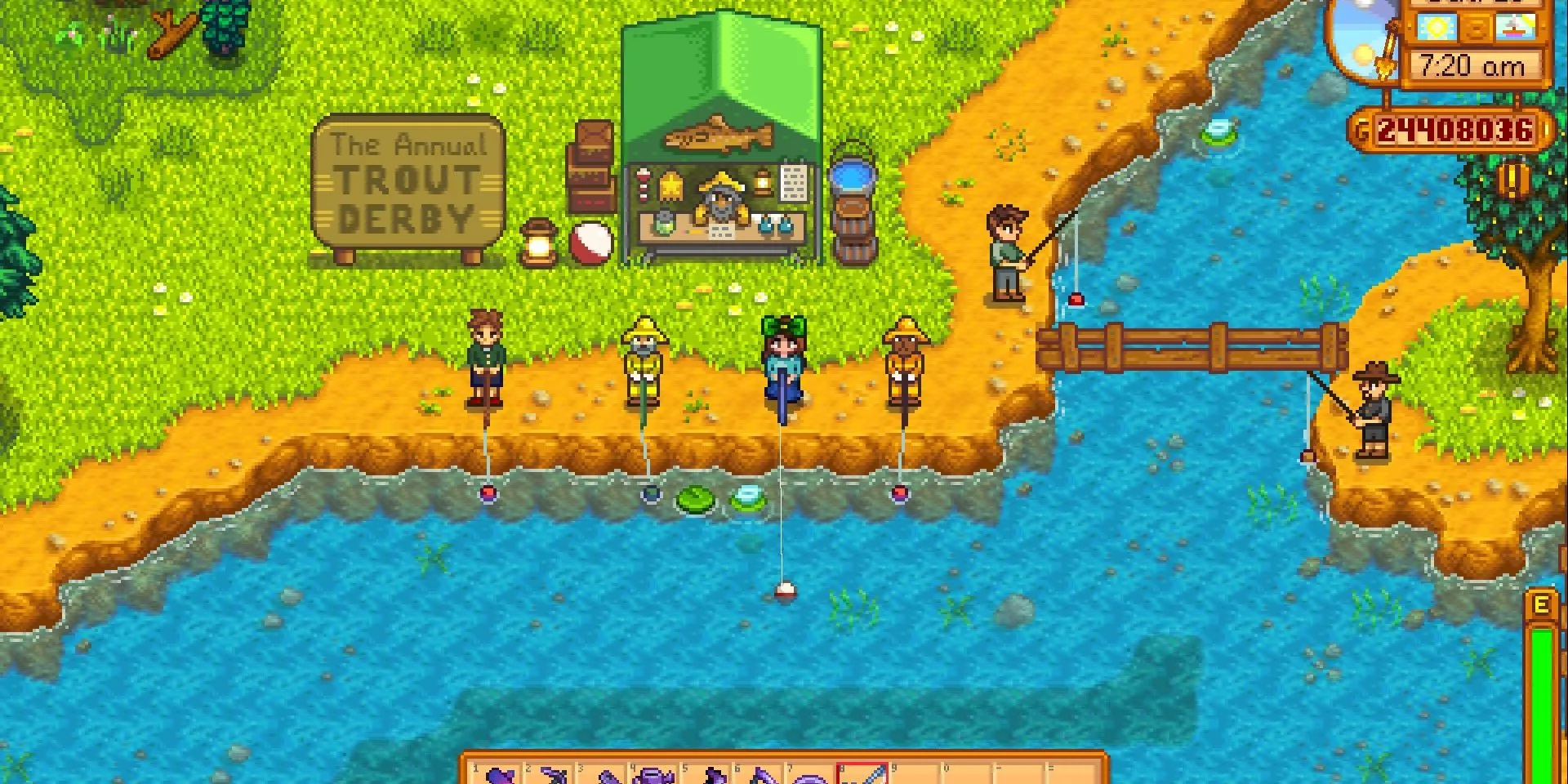 Người chơi tham gia sự kiện câu cá Trout Derby cùng NPC trong Stardew Valley