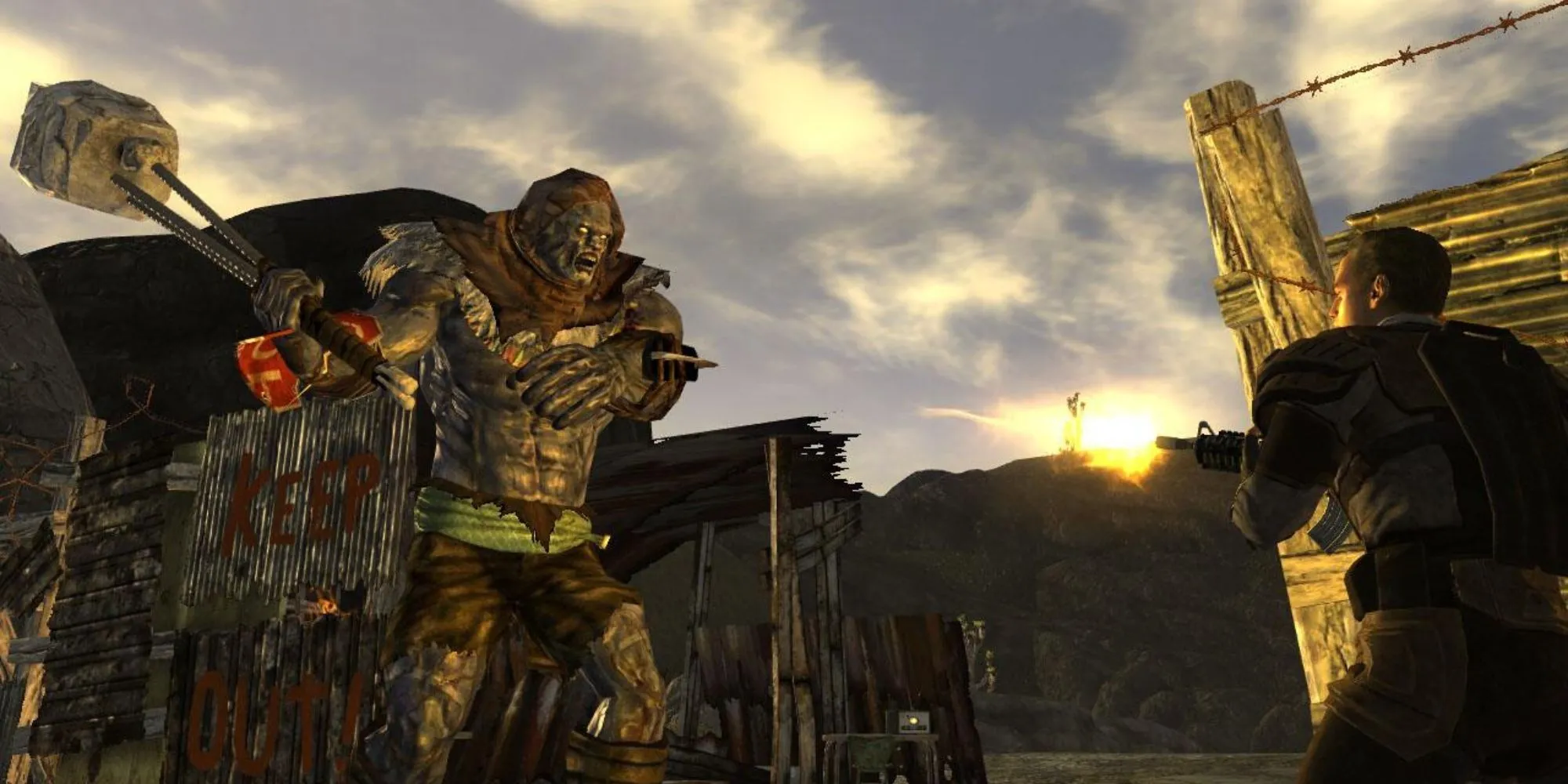 Người đưa tin đang bắn một siêu đột biến trong Fallout New Vegas, một game &quot;kinh điển cult&quot; được vá víu nhưng có chiều sâu đáng kinh ngạc.
