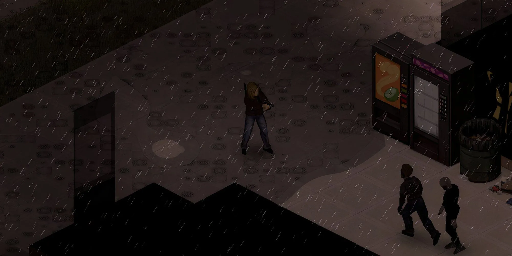 Người sống sót trong Project Zomboid chiến đấu với hai zombie ngoài trời dưới mưa