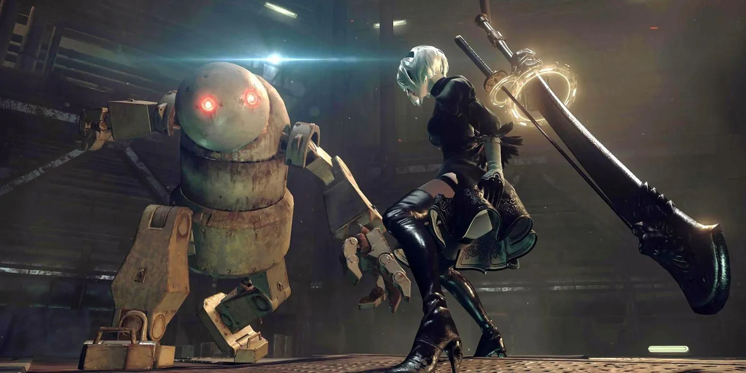 Nhân vật 2B và 9S trong game Nier Automata đứng nhìn thành phố hoang tàn