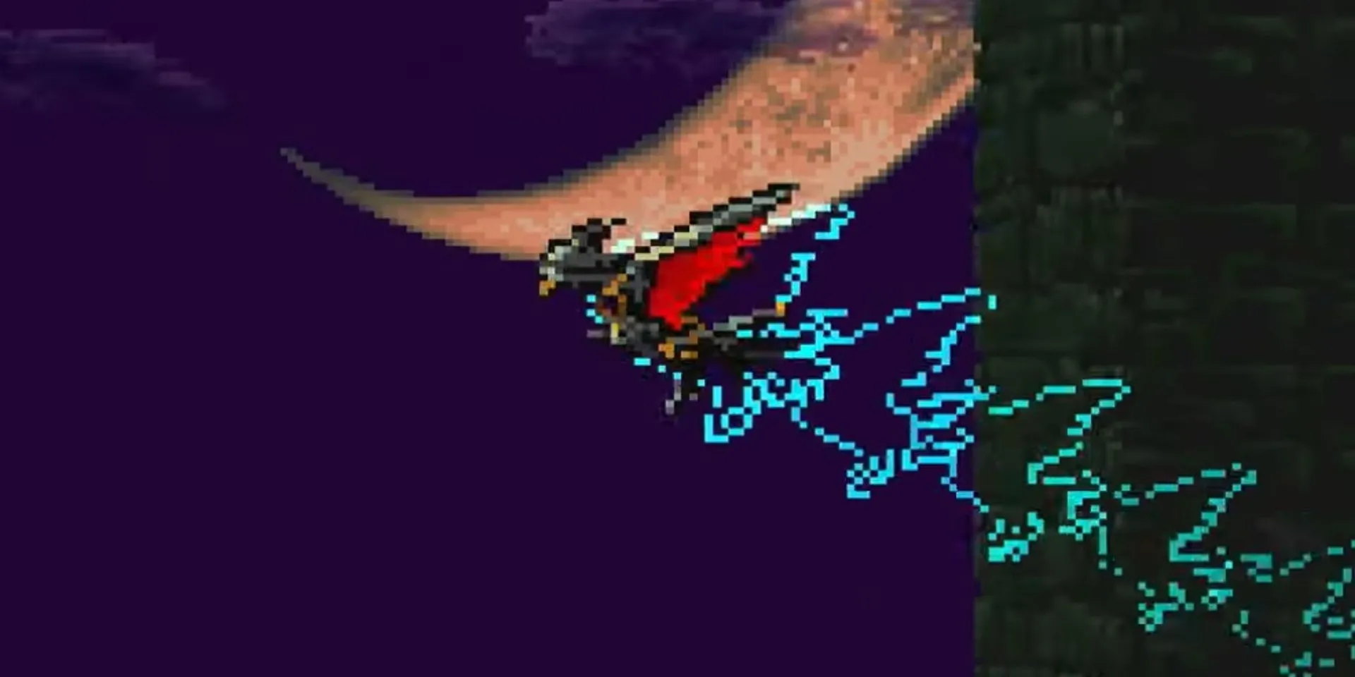 Nhân vật Alucard trong dạng dơi đang bay qua một khu vực trong Lâu đài Dracula trong Castlevania: Symphony of the Night