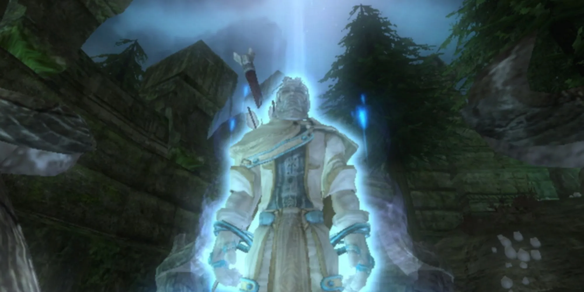 Nhân vật anh hùng trong game Fable The Lost Chapters giơ vũ khí lên
