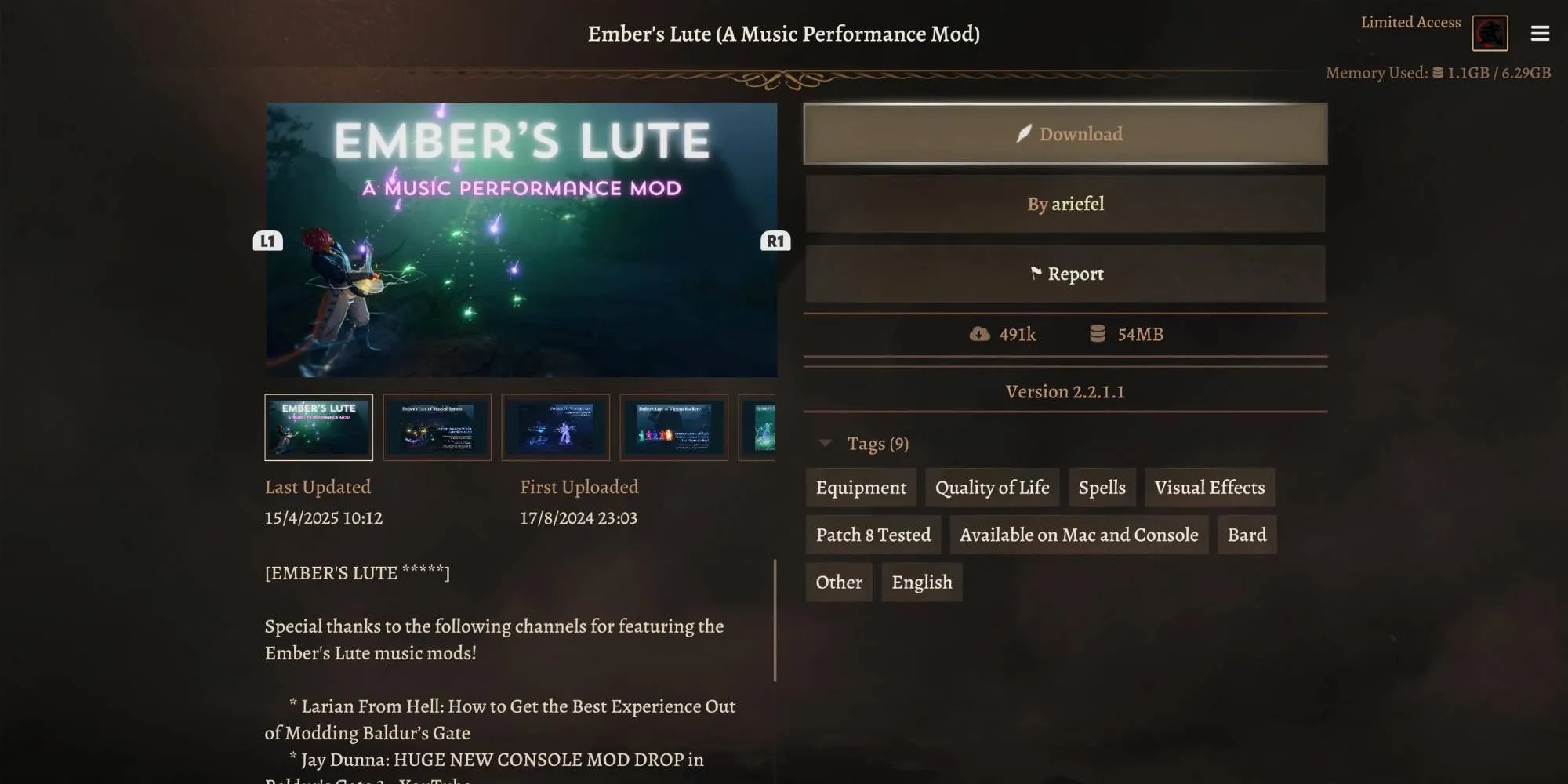 Nhân vật Bard chơi nhạc cụ trong game với mod Ember's Lute Baldur's Gate 3