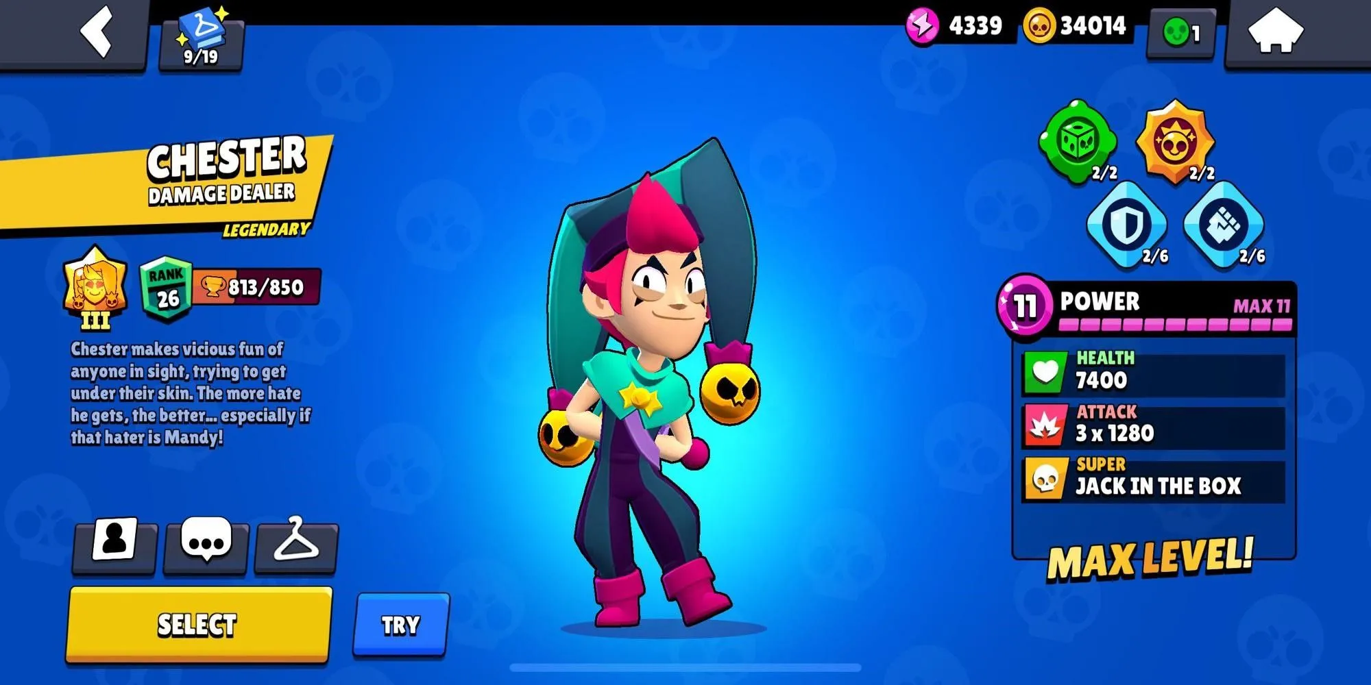Nhân vật Brawler Huyền thoại Chester trong Brawl Stars.